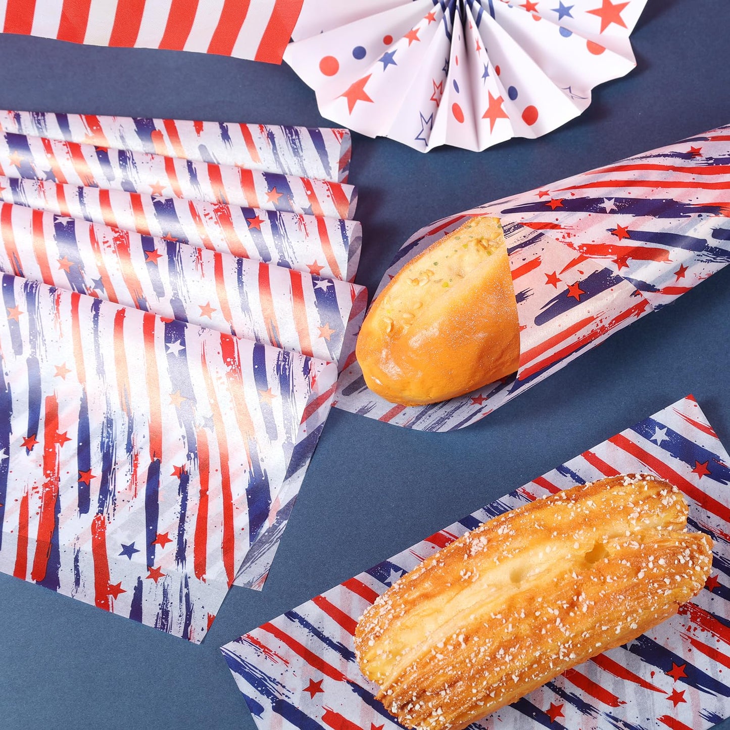 150 Sheets Patriotic Stripe & Star Wax Paper for Food Deli, 9.8 x 8.3 inch Red Blue Stars and Stripes Greaseproof Deli Sheets for 4th of July Sandwich Picnic Basket Liner Memorial Day Supplies