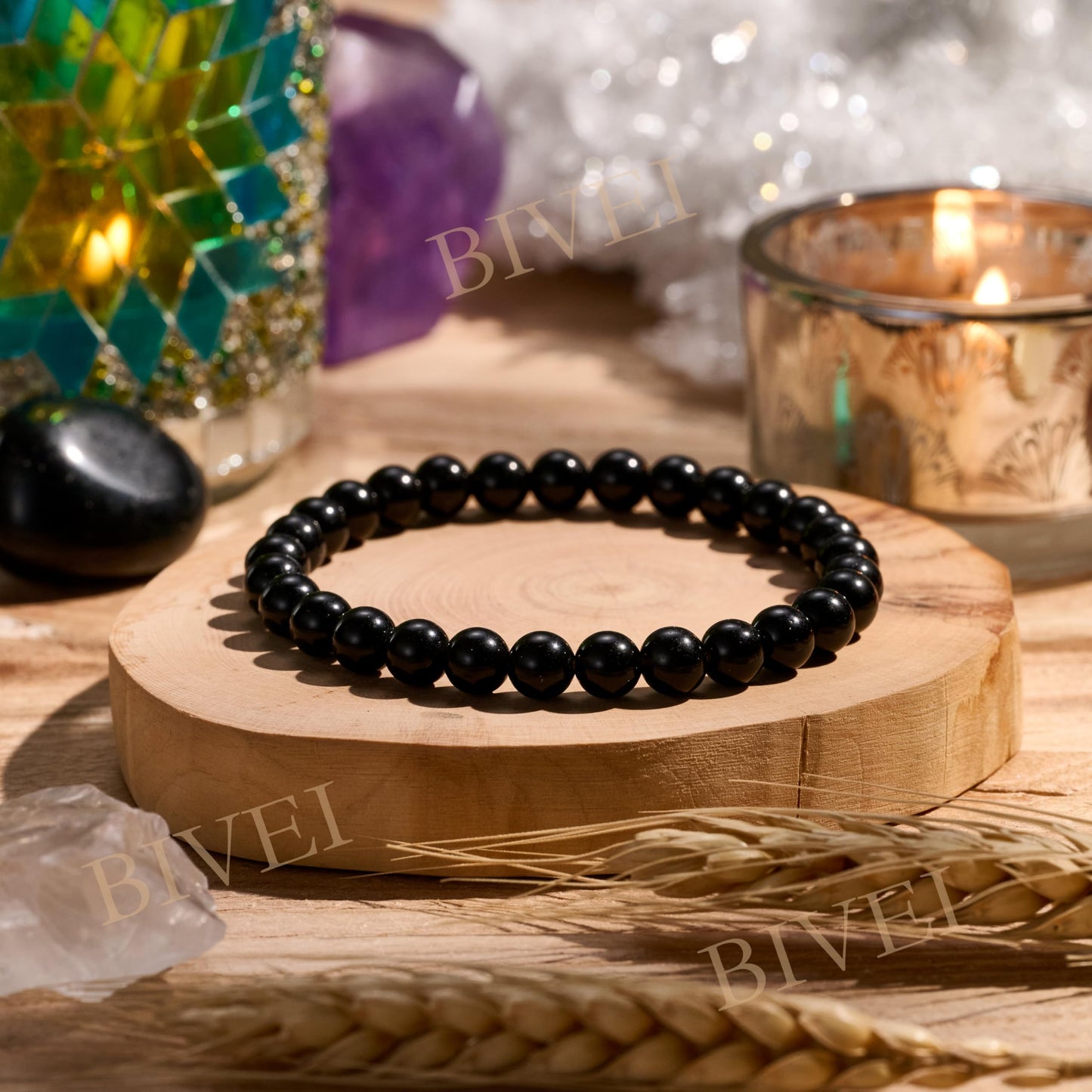 Bivei Black Obsidian - Strength - 6mm Beaded Bracelets for Women Handmade Semi Precious Natural Stone Stretch Elastic Jewelry for Women Yoga Protection Gifts Small