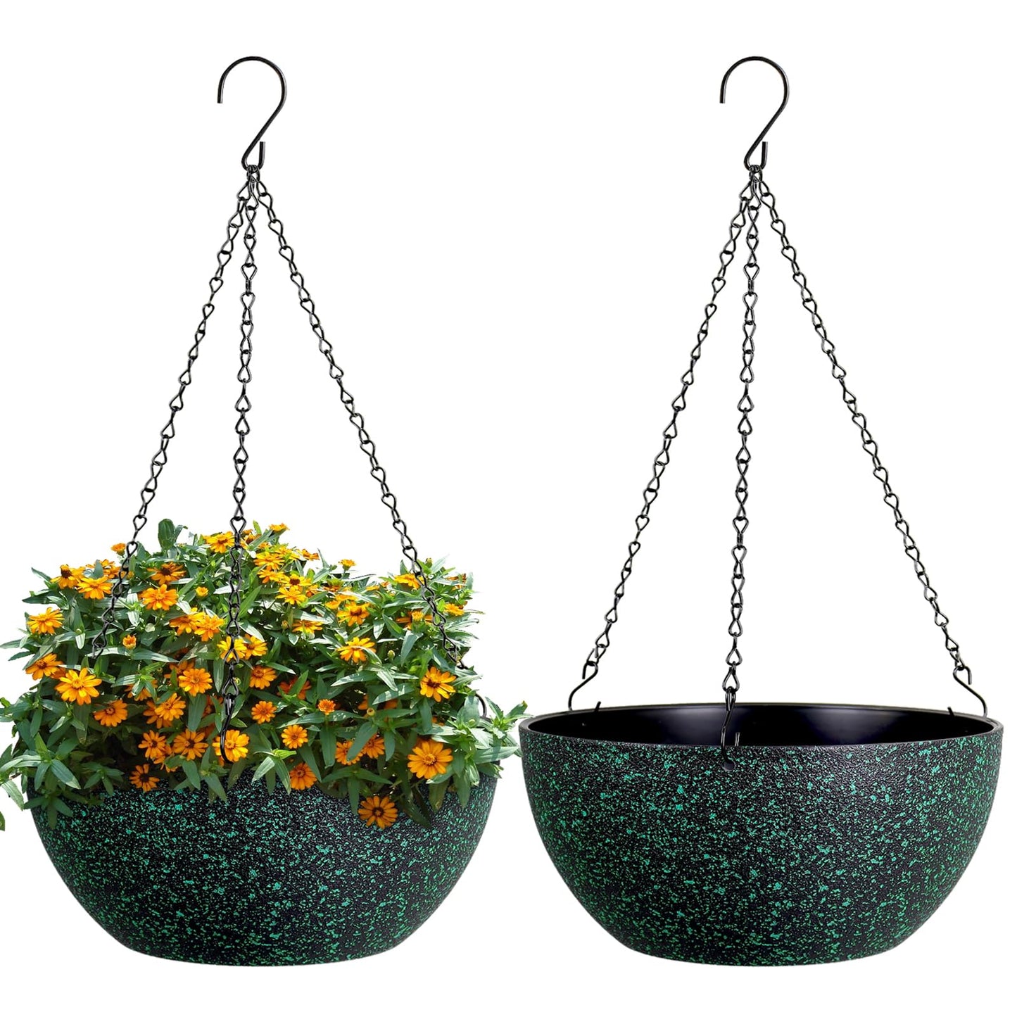 WSMKSZ 10inch Hanging Planters for Outdoor Indoor Plants with Drainage Holes and Chain, 2 Pack Round Hanging Flower Pots for Garden Home Porch Decor, Black with Green Speckles