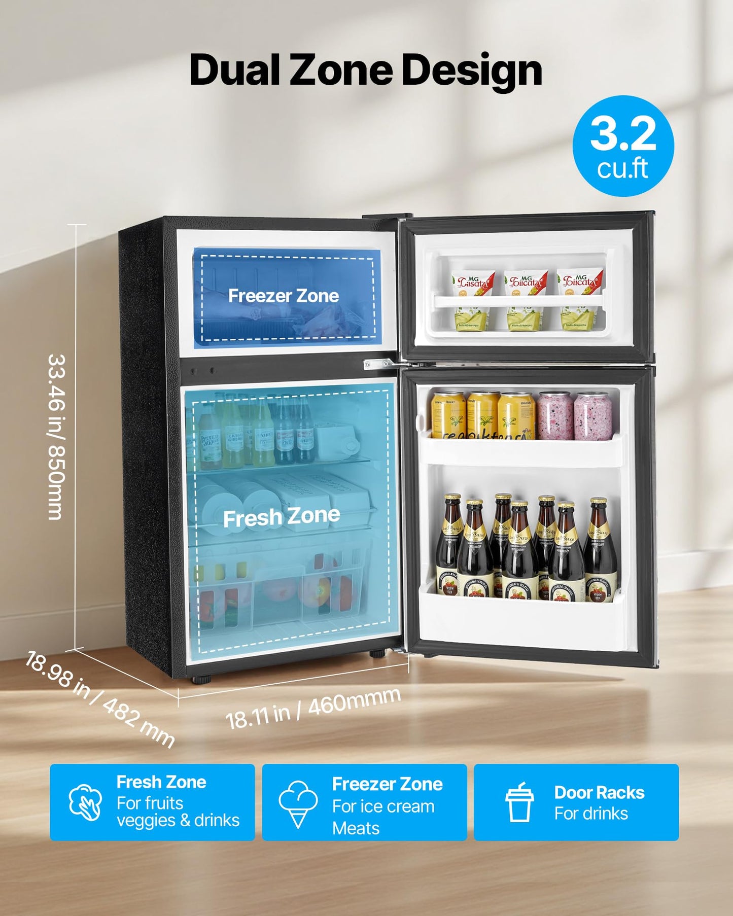 VEVOR 3.2 Cu.Ft Mini Fridge with Freezer, Dual Zone Compact Refrigerator, 3-Mode Adjustable Temperature, Energy Efficient Small Fridge, Reversible Door, Low Noise, for Bedroom, Dorm, Office, Black