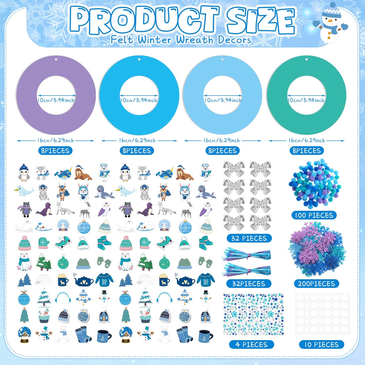 Moucuny 620/600 Pcs Winter Wreath Craft Kits DIY Snowman Christmas Wreath Crafts Kits Xmas Winter Home Decorations for Party Favors(Polar,Purple, Cyan, Light Blue, Dark Blue)