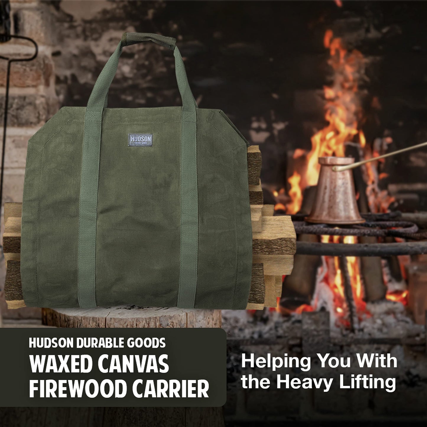 HDG Premium Quality 16oz Waxed Canvas Firewood Bag - 19x19 Inches Water Repellent Fireplace Log Carrier & Firewood Holder with Reinforced Webbed Cotton Straps - Lays Flat to Load - Green Storage Bag