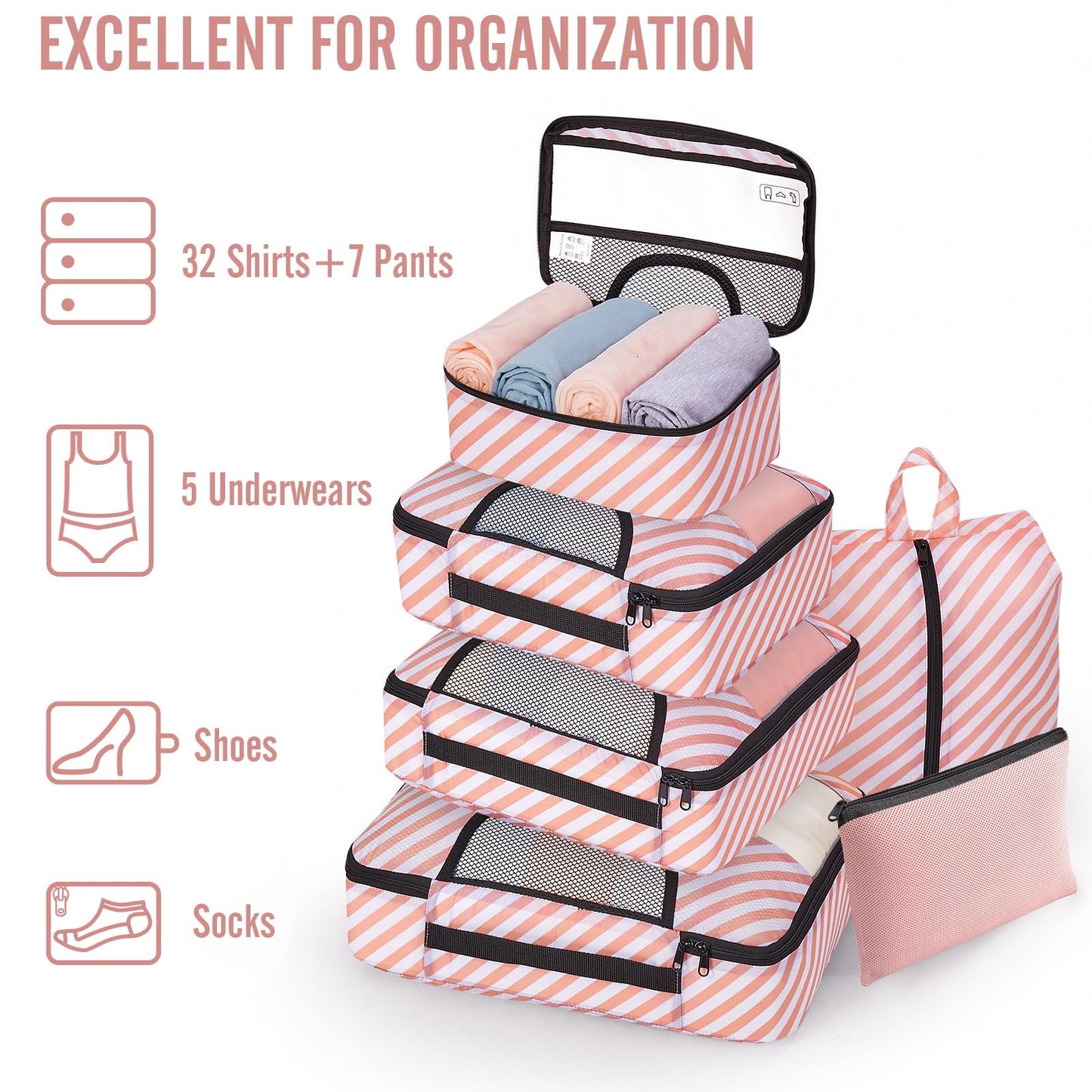 8 Set Packing Cubes for Travel Essentials, Suitcase Organizer Bags in 4 Sizes, Carry-On Luggage Accessories with Laundry Bag, Airplane Must Have, Gifts for Women Men