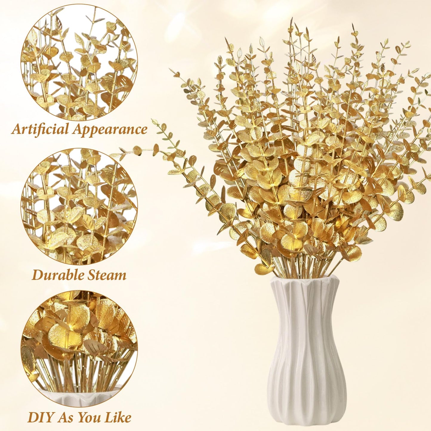 ABYCZFCD 50 Pcs Gold Flowers Gold Eucalyptus Leaves Stems 15'' Faux Eucalyptus Leaves Decor Fake for Wedding Party Bouquet House Home Farmhouse Vase DIY Craft