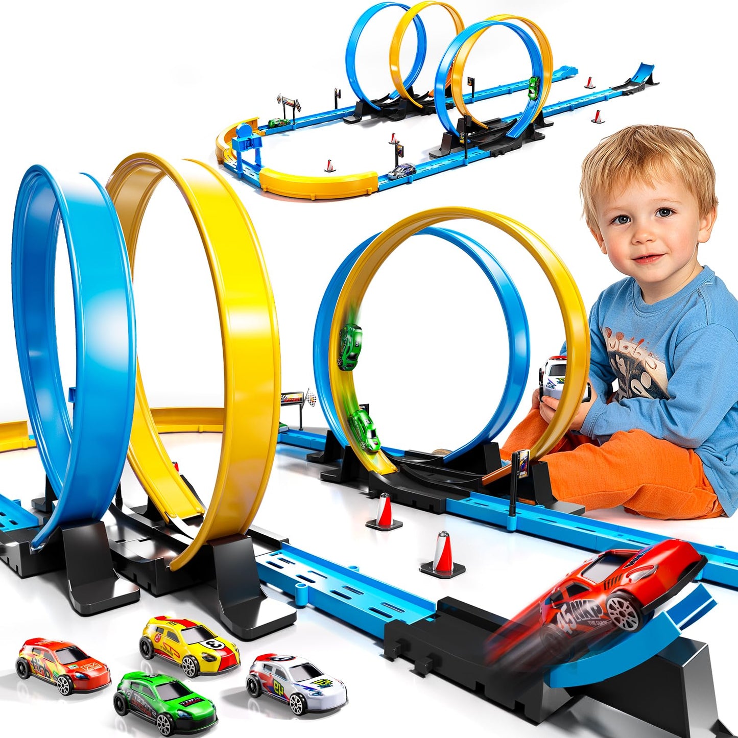 LILYBUDS Toy Car Track Gift Set for Boys Kids Age 3-5 4-7 8-12, Long Race Tracks with 4 Action Loops and 4 High-Speed Slot Die-Cast Race Cars, 35+ Pieces Race Tracks to Create Multiple Configurations