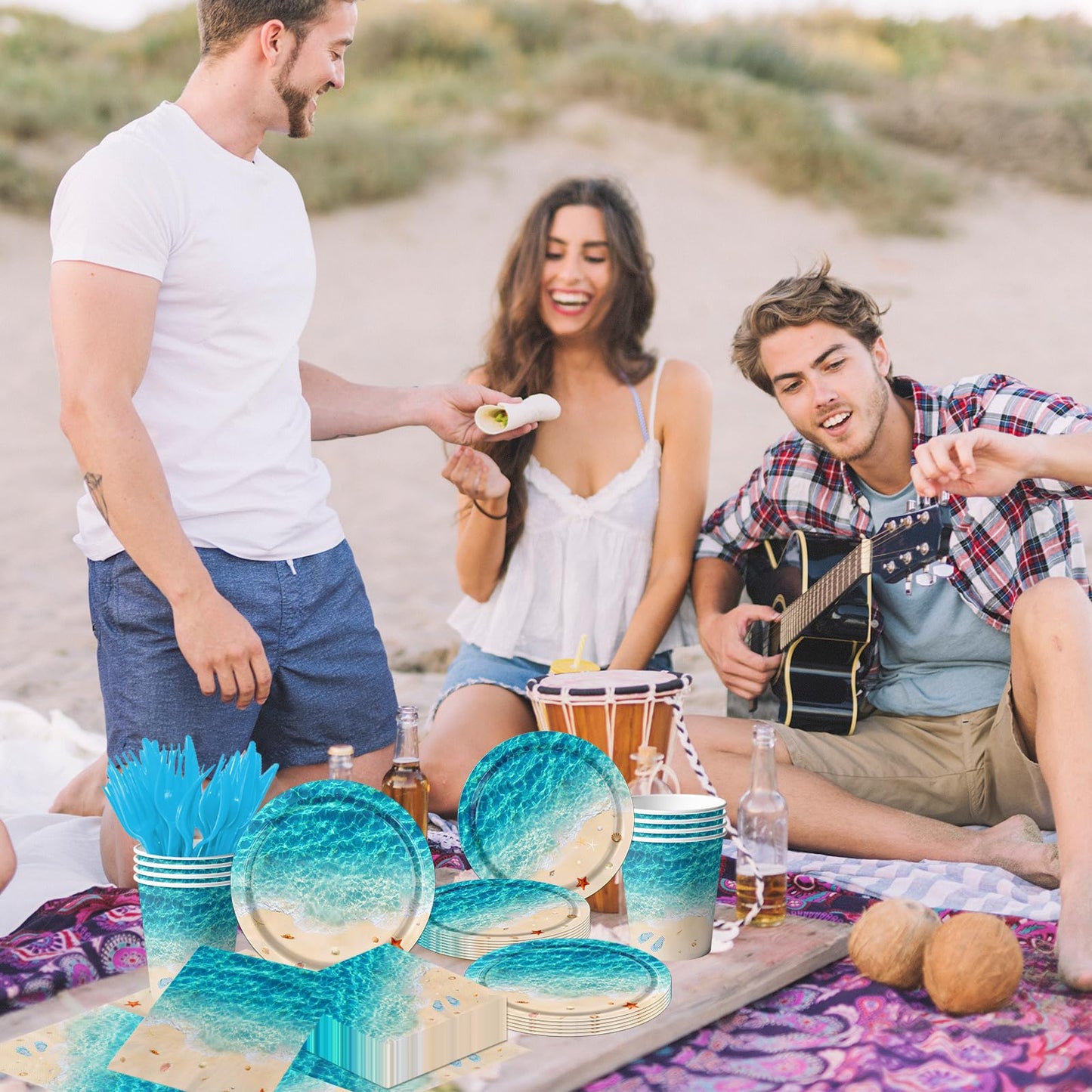 Beach Party Supplies, 144Pcs Ocean Waves Birthday Party Supplies Tableware Set Summer Pool party Decorations Ocean Plates and Napkins and Cups for Hawaiian Birthday Decorations