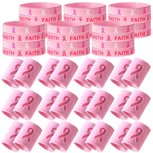 Wettarn 48 Pcs Breast Cancer Awareness Wristbands Silicone Pink Ribbon Cuffs Bulk Wrist Bands Football Inspiring Pink Sweatbands Awareness Gifts for Women Gym Athletic Sports Athletic Party Favors
