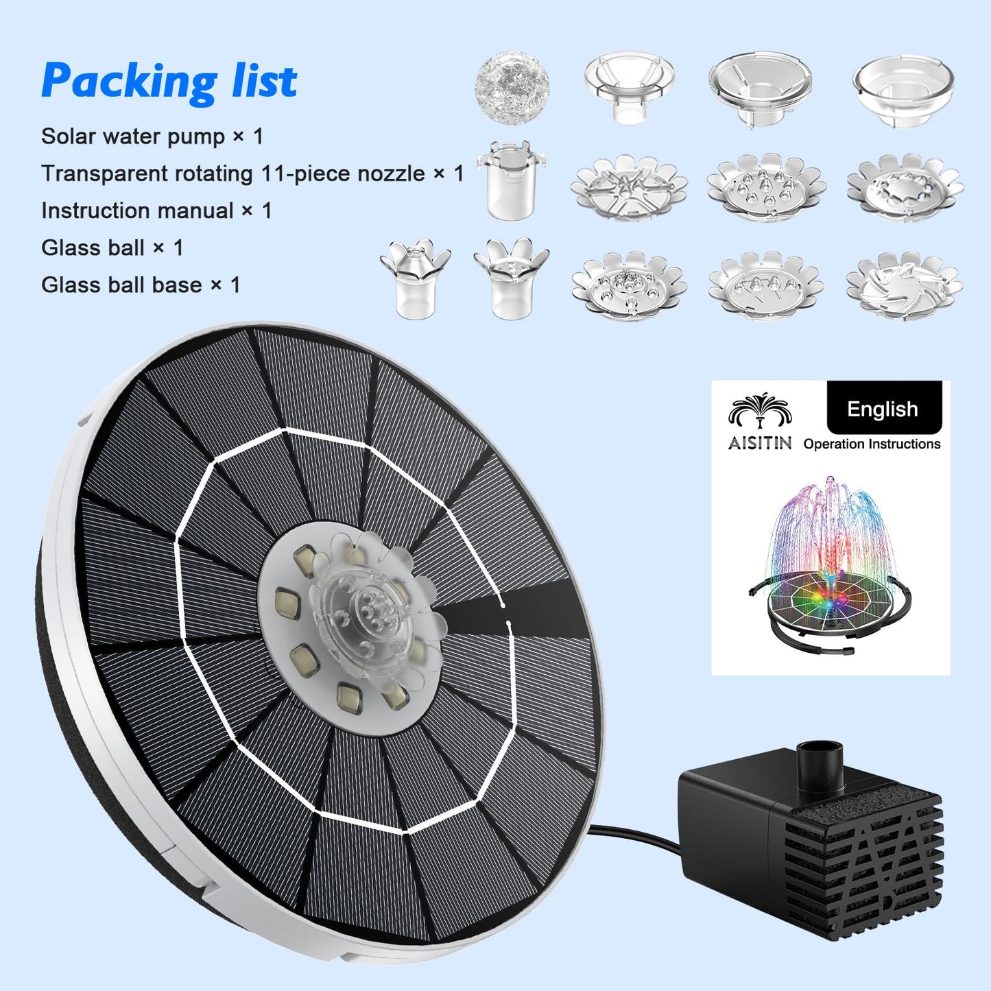 AISITIN 3.5W Solar Fountain with Lights, Built-in 3000mAh Battery & 3 Fixed Brackets & Crystal Ball & 8 Nozzles, Solar Water Fountain for Bird Bath, Backyard, Garden, Fish Pond, Only Work at Night!