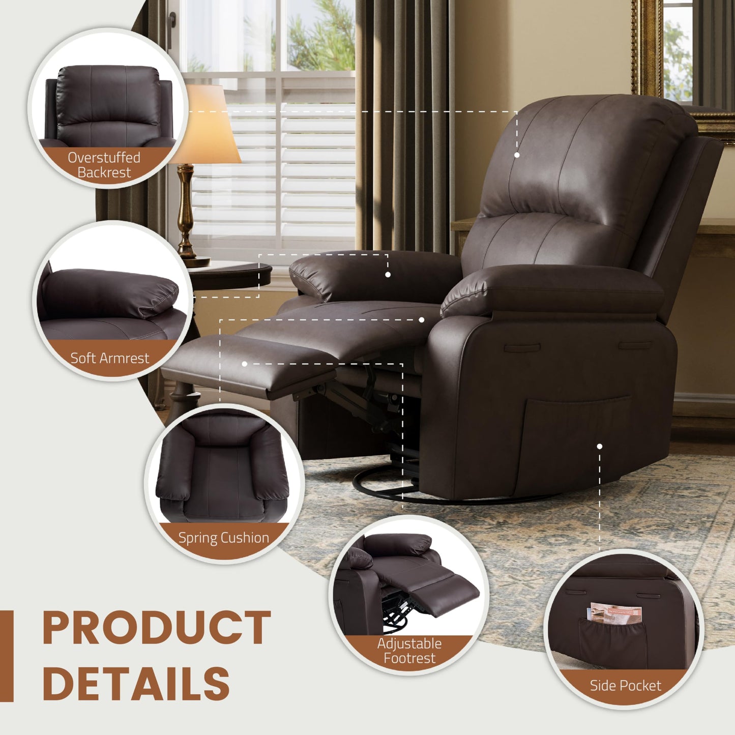 Attalee Leather Swivel Rocker Recliner Chair, Traditional Manual Chair, Upholstered Nursery Glider Rocking Recliner, Comfy Faux Leather Single Sofa with Pocket Spring for Living Room, Dark Brown