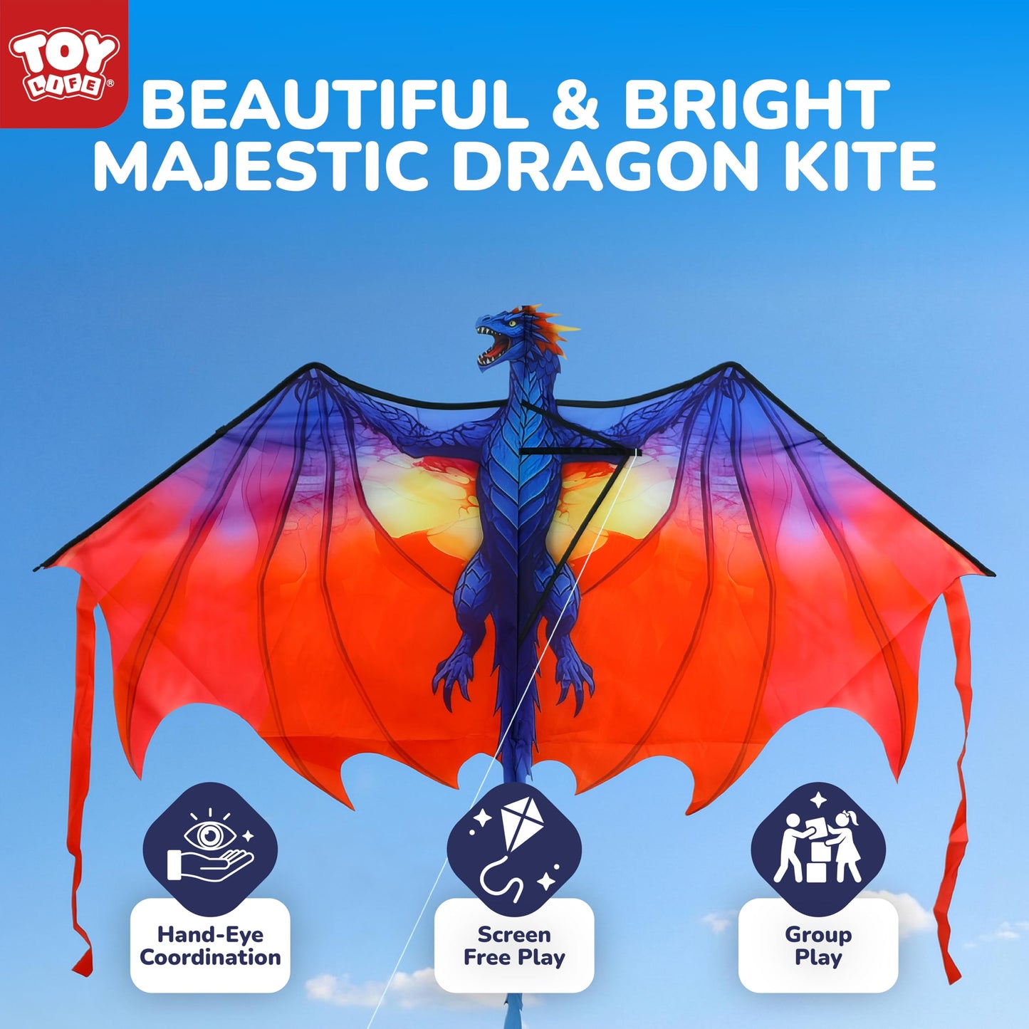 TOY Life 55.9'' Dragon Kites Easy to Fly for Kids Adults with 328.1 FT String, Beach Kite Outdoor Game Outside Toys Activity, Dragon Toys for Kids, Gift for Boys Ages 4-8