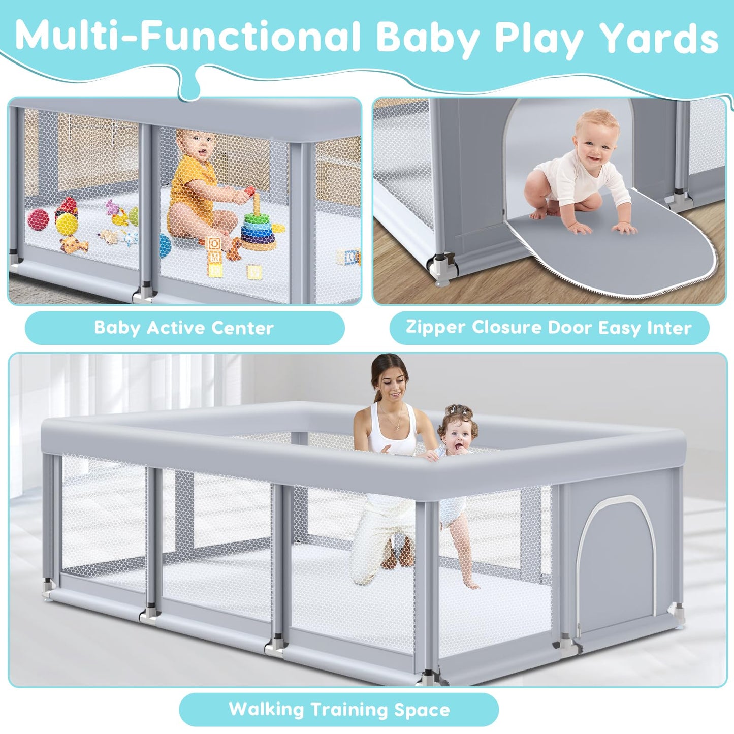 Fshibila 74" ×50" Large Baby Playpen, Baby Playard for Babies and Toddlers, Baby Fence Play Pens for Indoor & Outdoor, Sturdy Safety Play Yard with Soft Breathable Mesh, Anti-Fall, Grey