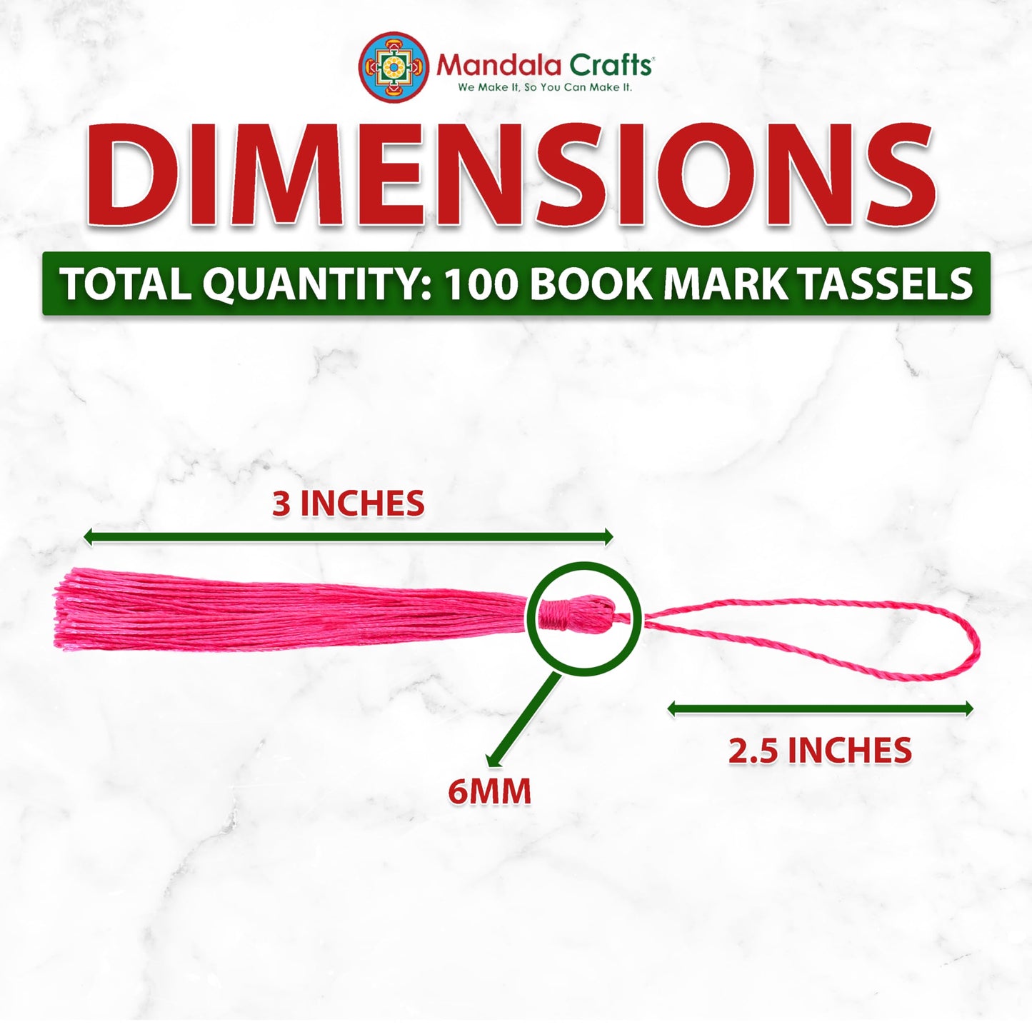 Mandala Crafts Small Hot Pink Bookmark Tassels - 100 Bulk Silky Mini Craft Tassels with Loops for Bookmarks, Jewelry Making, Graduation Favors, Keychains, and DIY Decorations