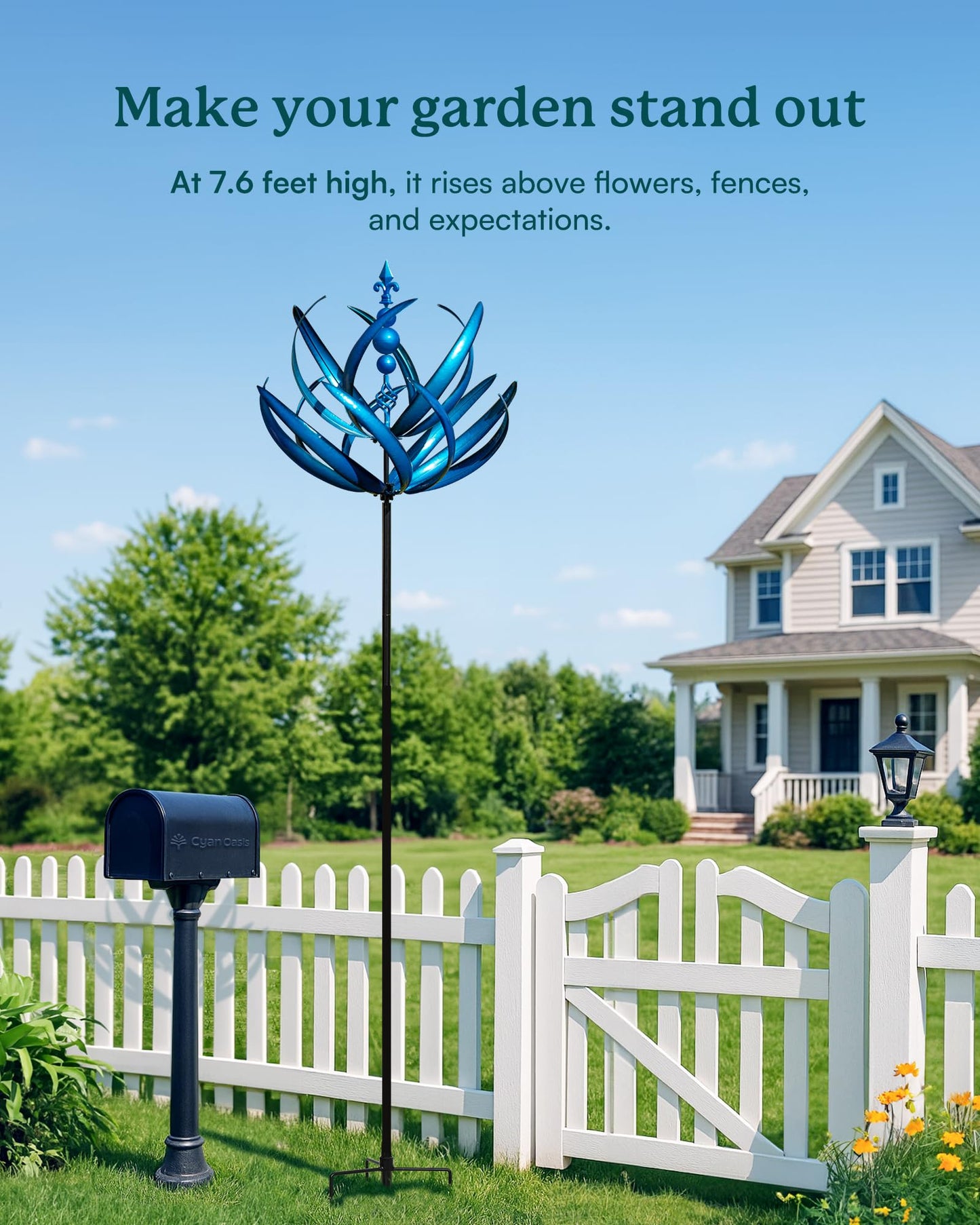 Cyan Oasis 91 inch Wind Spinners Outdoor - Extra Large Outdoor Metal Wind Sculptures Spinners with Stake, Windmills for The Yard Garden, Yard Art Garden Lawn Decor - Blue (27" W x 91" H)