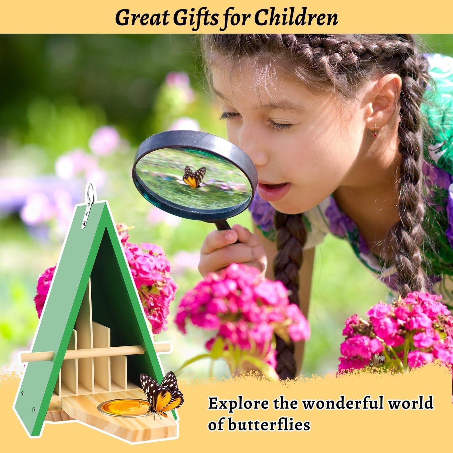 New Butterfly House and Feeder for Outside, Wooden Butterfly House with Metal Stake for Garden, Natural Butterfly Habitat with Butterfly Puddler on The Floor or Hanging on Tree Wall