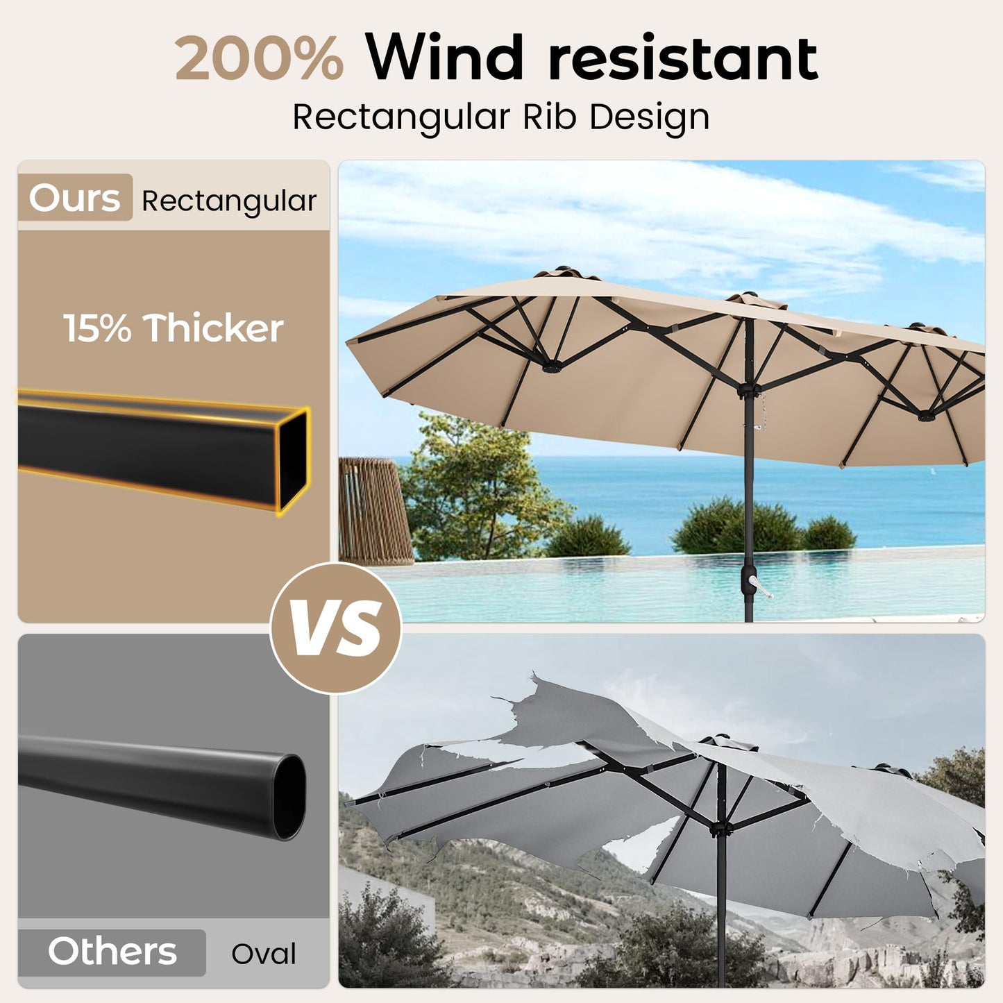 DomeShade 15ft Patio Umbrella with Base,Large Outdoor Double-Sided Rectangle Umbrella with Crank Handle, Market Umbrella for Poolside Garden Deck Backyard Beach Pools, Beige