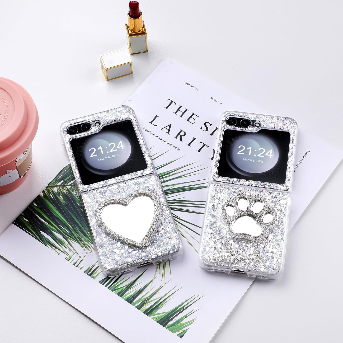 DAKORIE Galaxy Z Flip 5 Case Glitter Love Paw Mirror Flip Protective Cover for Samsung Galaxy Z Flip 5 2023 5G for Women Girl - Paw