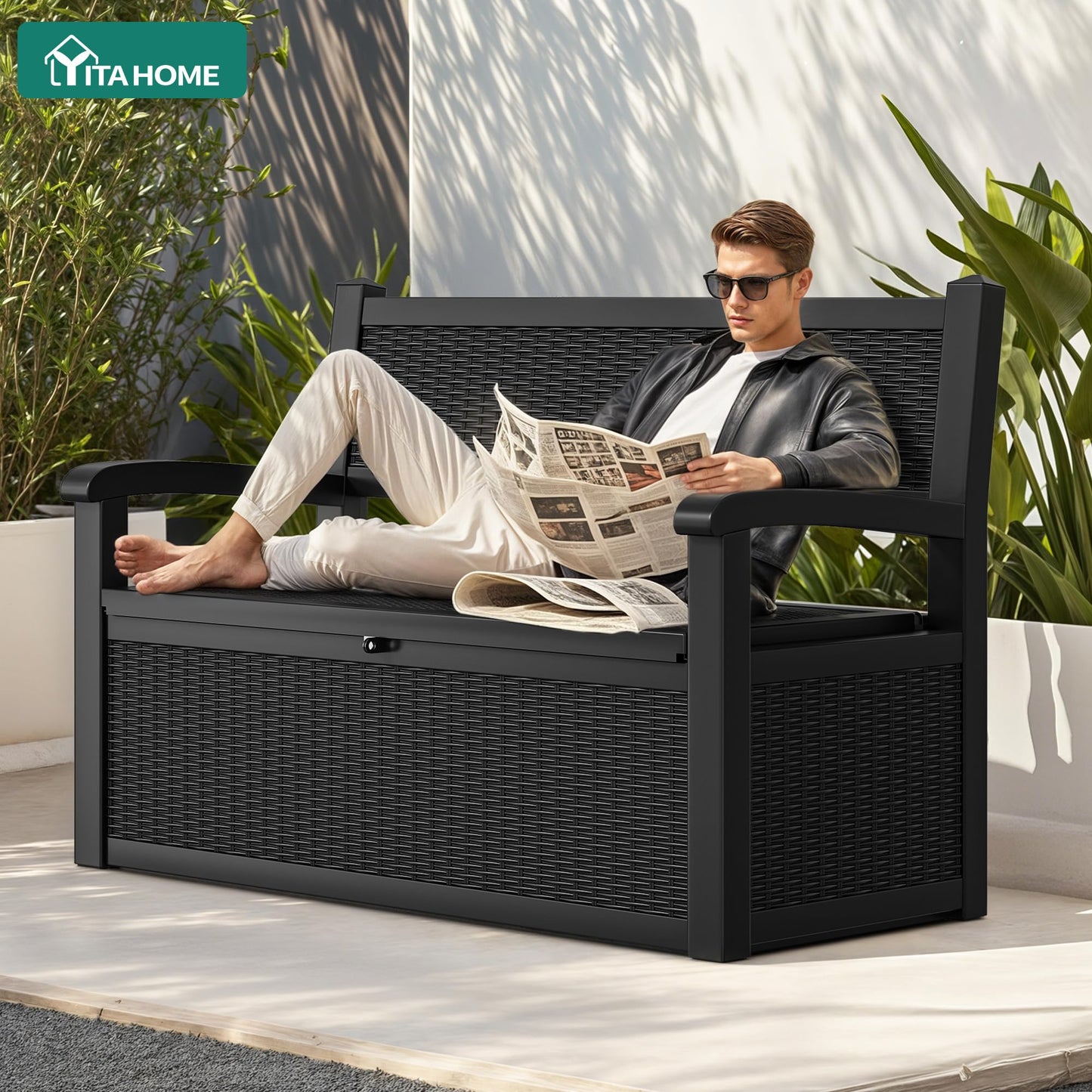 YITAHOME 70 Gallon Deck Bench with Storage, Outdoor Storage Box Bench with Armrests for Patio Garden Pool Porch, Waterproof&Lockable, Black