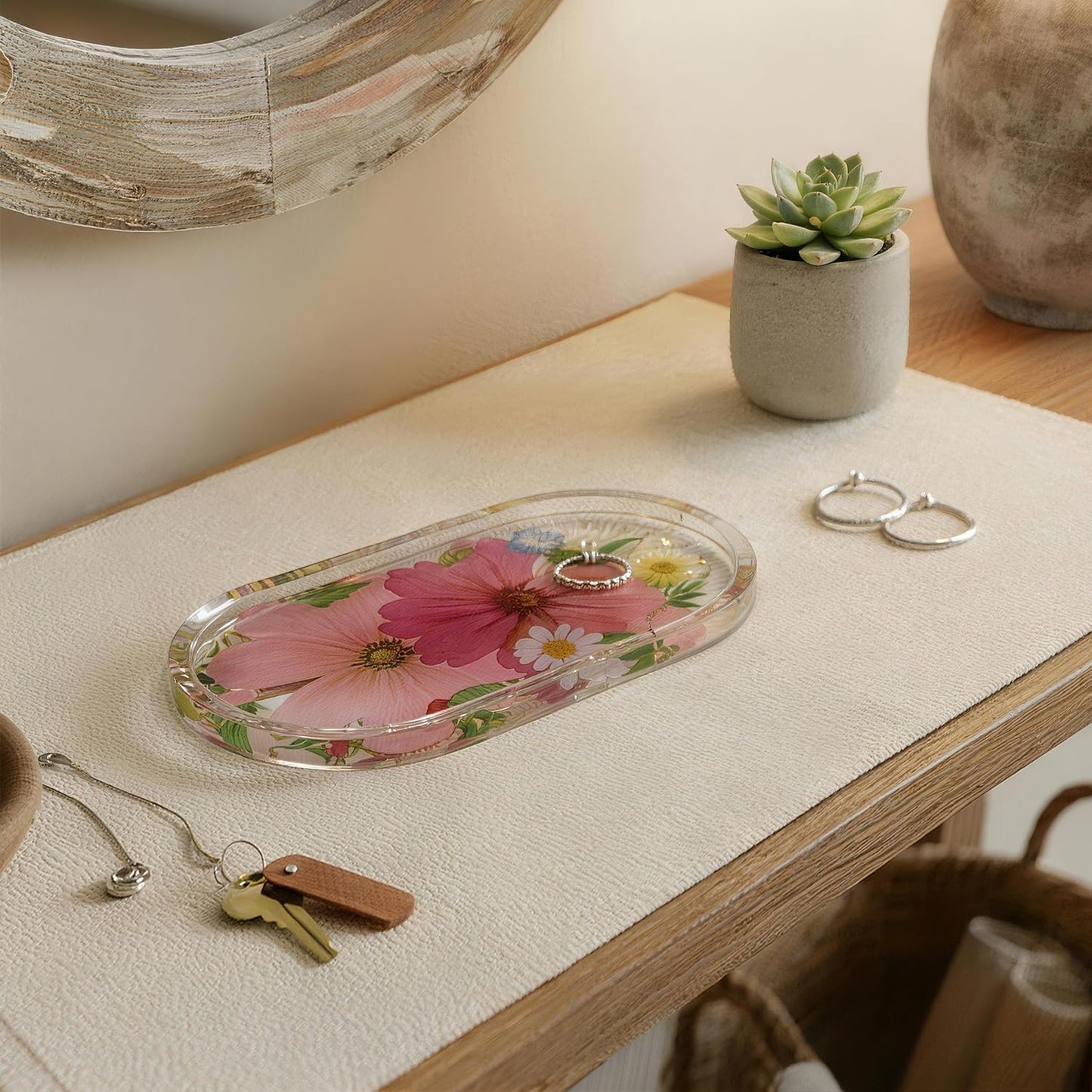 Britrio Pressed Flower Resin Jewelry Tray Decorative Vanity Trinket Dish for Women Rings Earrings Necklaces Keys Makeup Desk Organizer Holder Plate Home Decor Gift 6.93''x3.62''