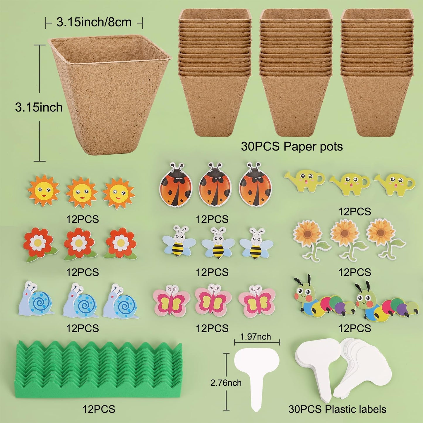 Ayfjovs 30 Pack Garden Paper Pot Craft Kit, Square Plant Pots with 120 PCS Adhesive Foam Stickers & 30 PCS Plant Pots Labels, Plant Craft for Classroom DIY Planting, Kids Summer Craft, Father's Day