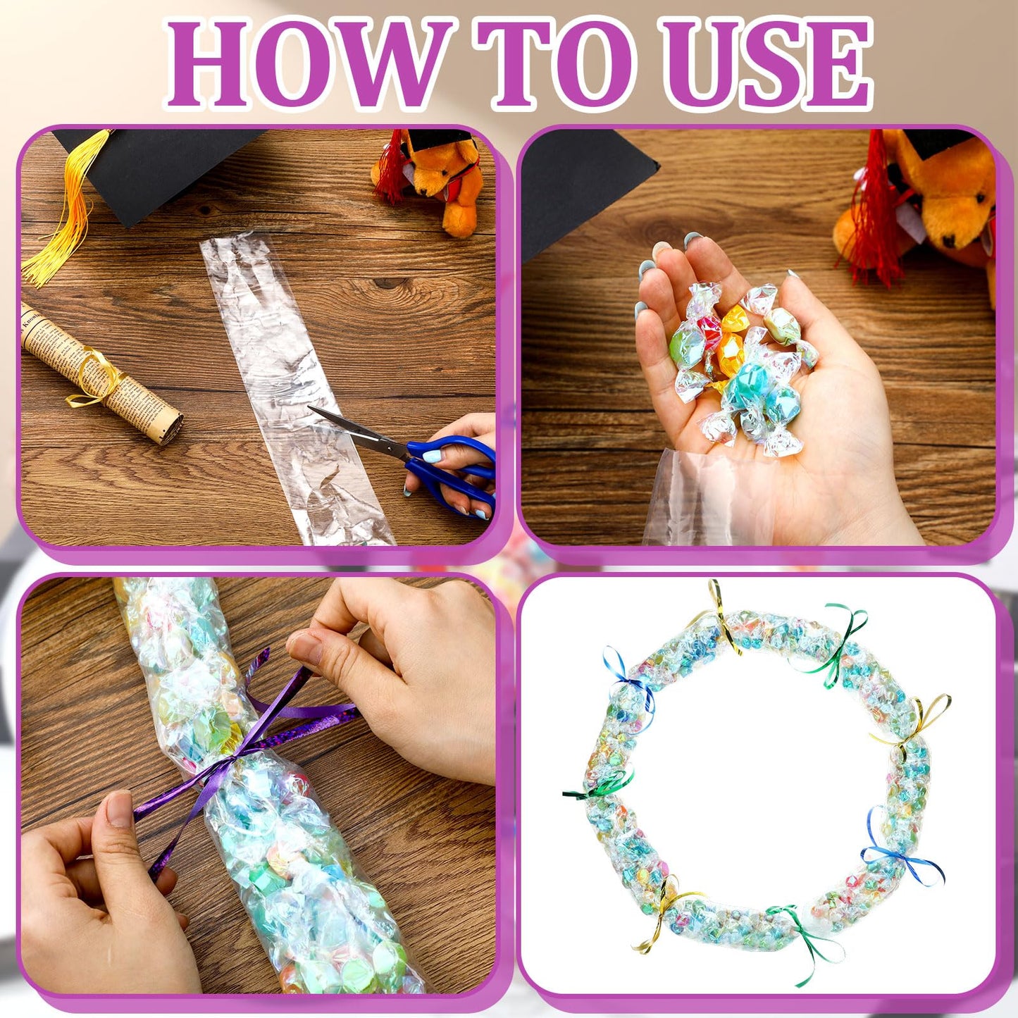 Ribbonlic 2 Rolls Graduation Candy Lei Making Kit, 2.7 Inch x 623 Ft Clear Candy Lei Poly Tubing with 19 Colorful Rolls Ribbons for 2026 DIY Grad Wreaths Snacks Hawaiian Party Supplies