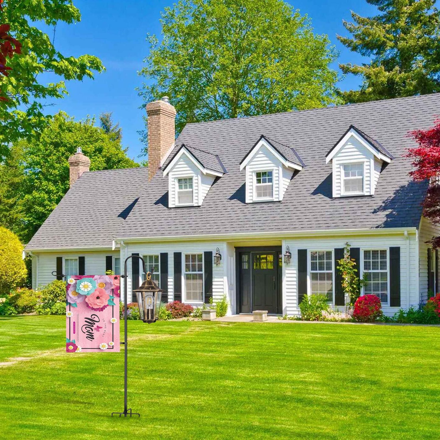 LOPANNY Garden Flag Stand - Upgraded Garden Flag Pole with Shepherd Hooks for 12 x 18 Flag, 45IN Yard Flag Holder Stand for Small Flags(Without Solar Lights & Flag)