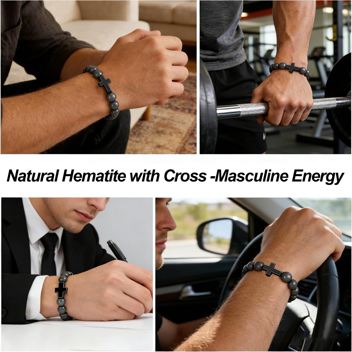 MOJOROUS Hematite Cross Bracelet for Men 8mm Black Obsidian Hematite Tiger Eye Beaded Natural Stone Protection Bracelets Birthday Jewelry Gifts Cross Christian Gift for Him Husband Son
