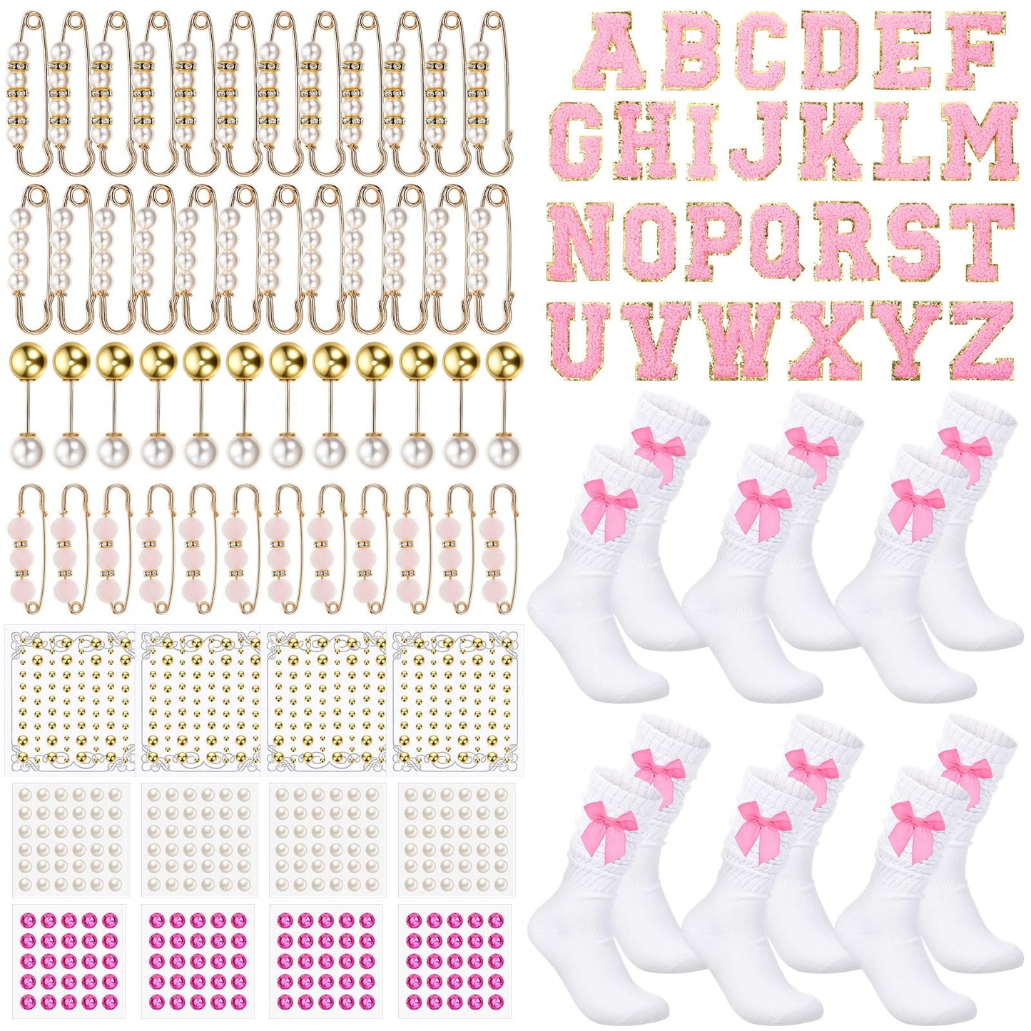 Norme 129pcs Socks Charms for Craft Night Kit 6 Pairs White Socks with Gold and Pink Charms Bulk Women Brooches and Safety Pins Pink Bow for DIY Jewelry for Craft Night Kit Gold Brooch Rhinestone