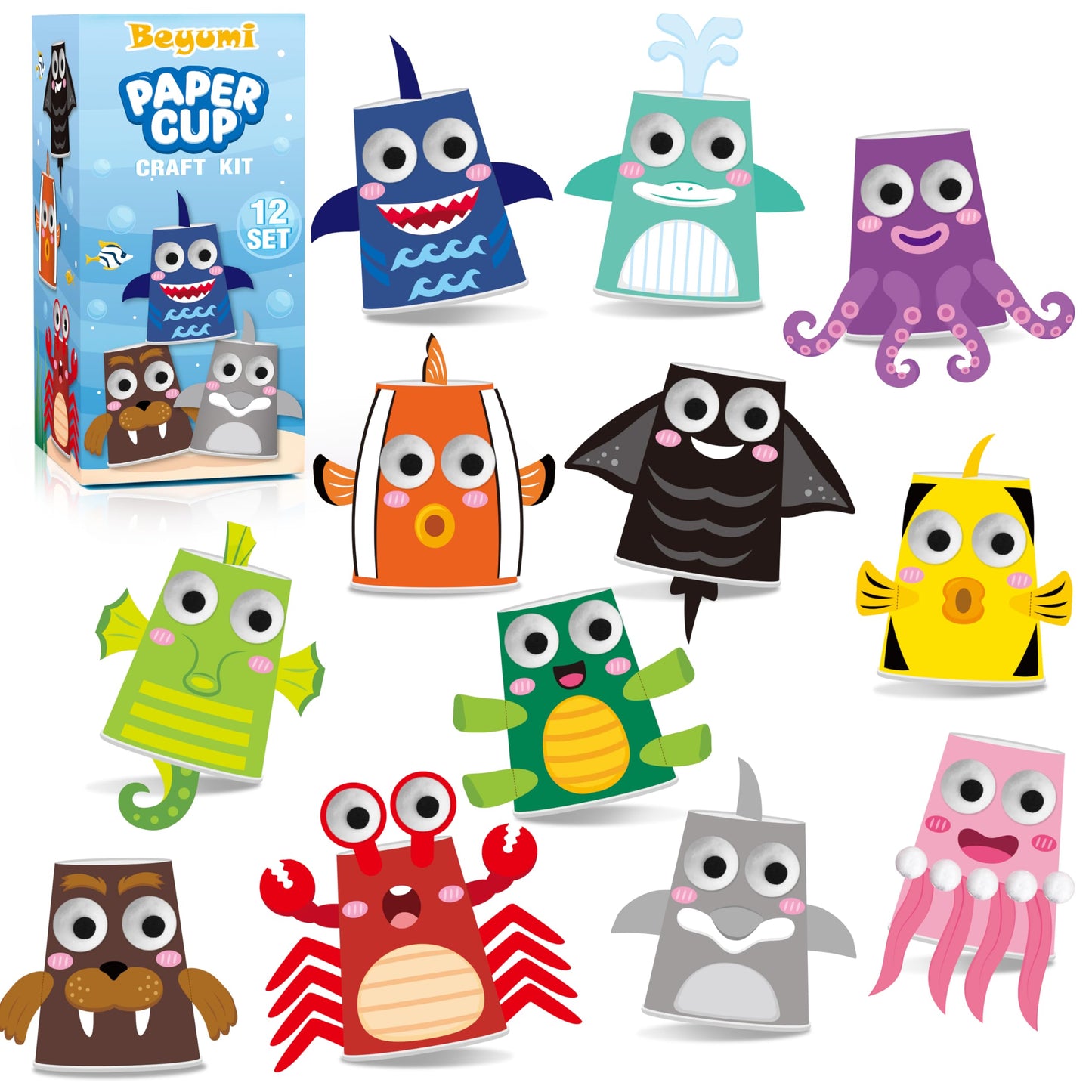 BeYumi Ocean Animals Craft Kit - 12Pcs Summer Arts and Crafts for Kids Toddler Paper Cup Craft Kit with 12 Cartoon Animal Projects DIY Gift for Birthday Party Preschool Classroom Fun Activity Ages 3-6