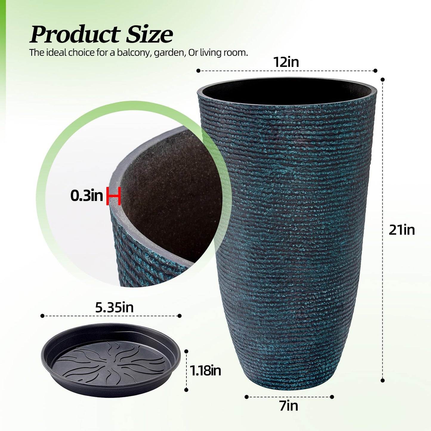QCQHDU Set of 2 Large Tall Blue Planters with Saucer - 9 Gallon 12" Diameter x 21" H Faux Stone Round Pots for Indoor Plants, Outdoor Patio & Porch Decor, Heavy Duty Weatherproof Plant Containers