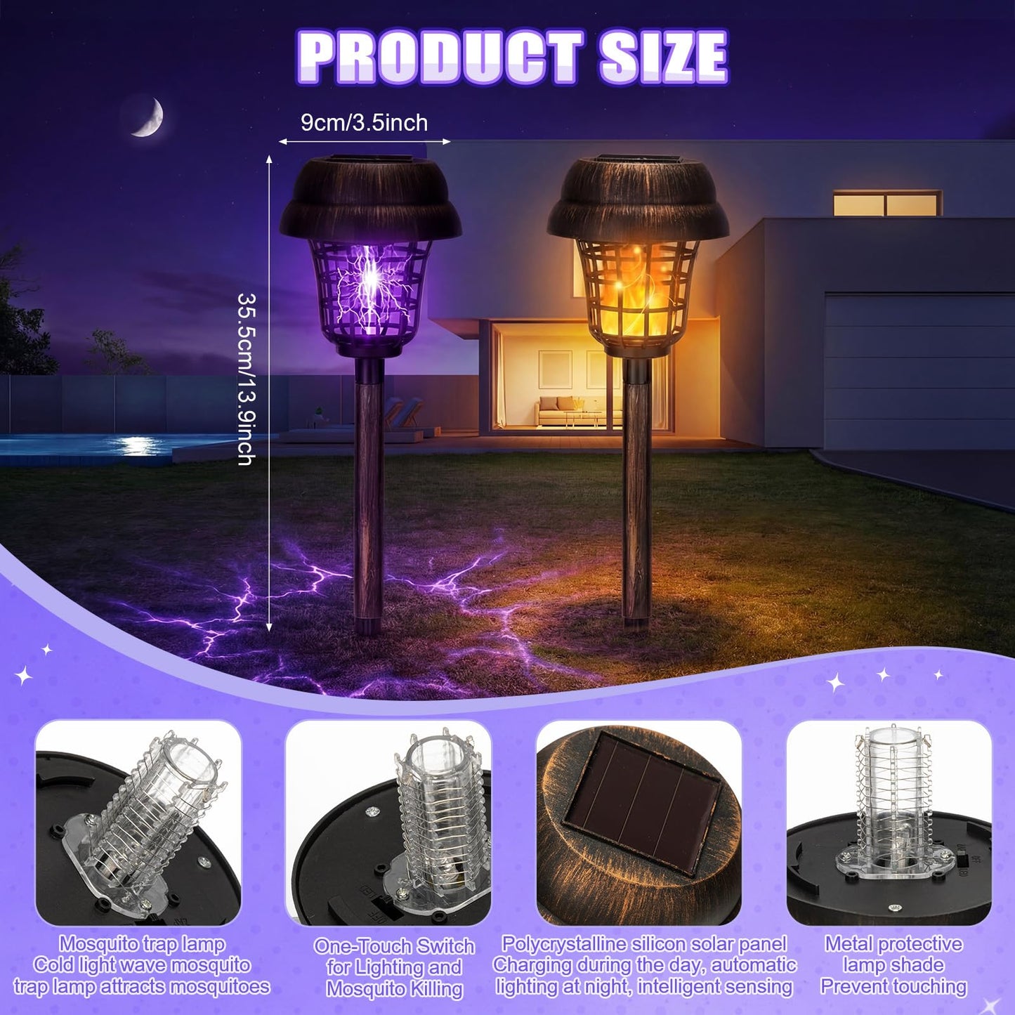 Qualirey 12 Pcs Solar Mosquito Zapper Outdoor Waterproof Solar Powered Bug Zapper Outdoor Mosquito Killer Lamp Trap Repellent Light for Garden Yard Insect (Purple and Flame Light,Black)