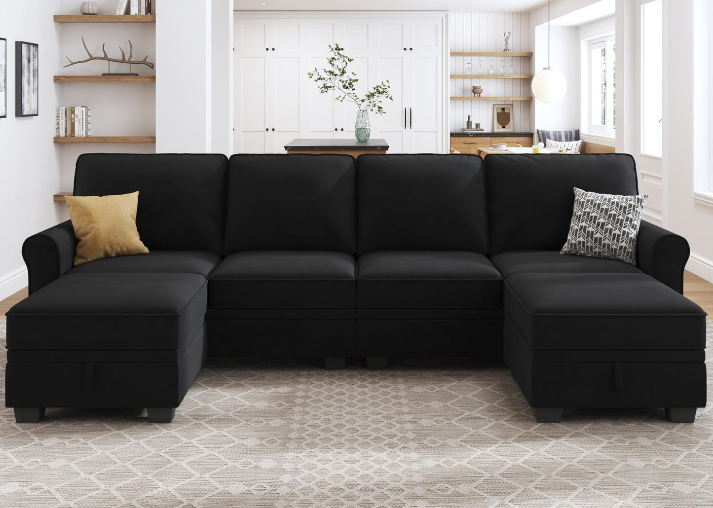 HONBAY Sectional Sofa with Storage Seat Velvet U Shaped Couch with Reversible Chaise Convertible Sectional Couches for Living Room,Black Velvet
