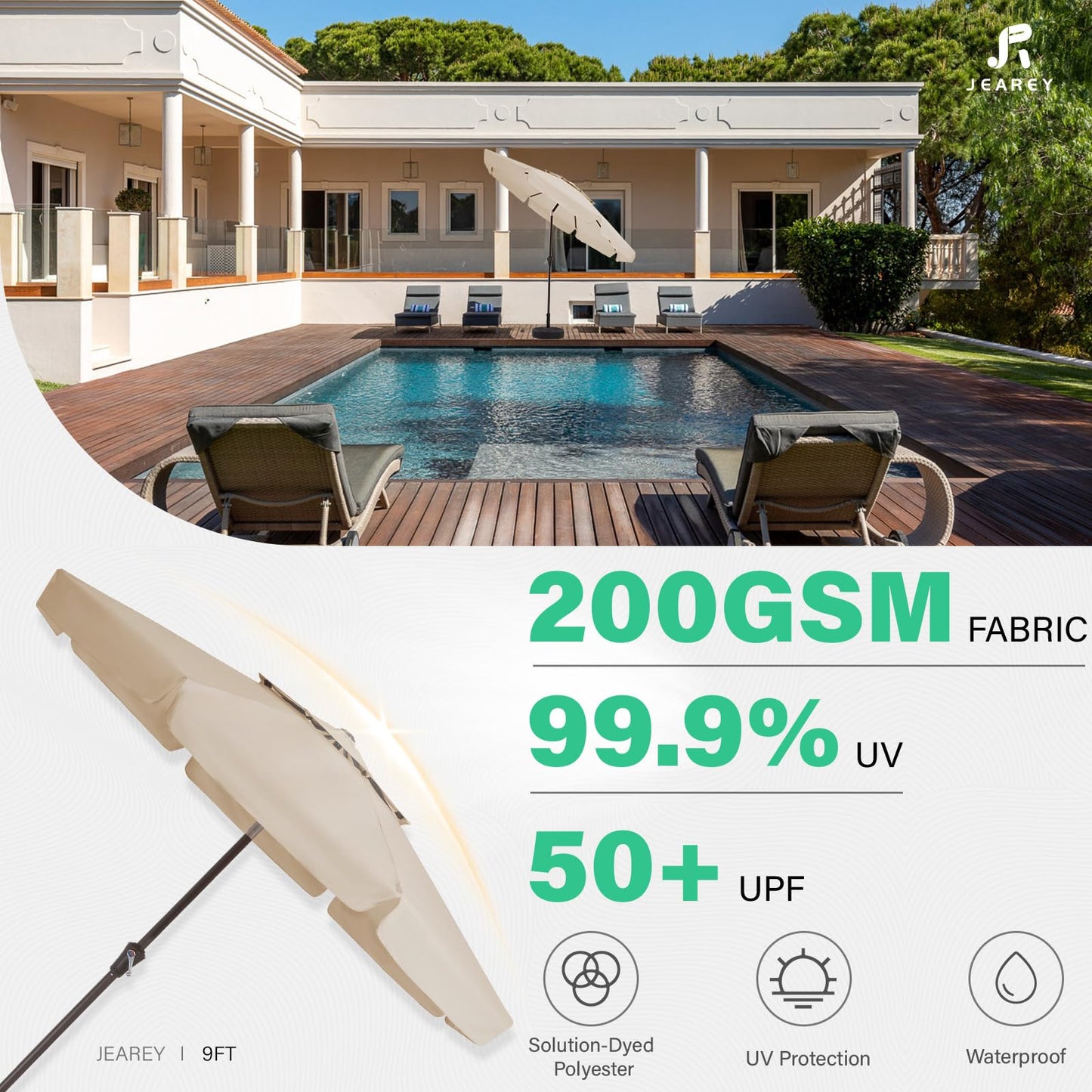 JEAREY 9' 2-Tiers Patio Umbrellas Outdoor Market Table Umbrella w/Push Button Tilt/Crank, 8 Sturdy Ribs, UV Protection Waterproof Sunproof(Beige)