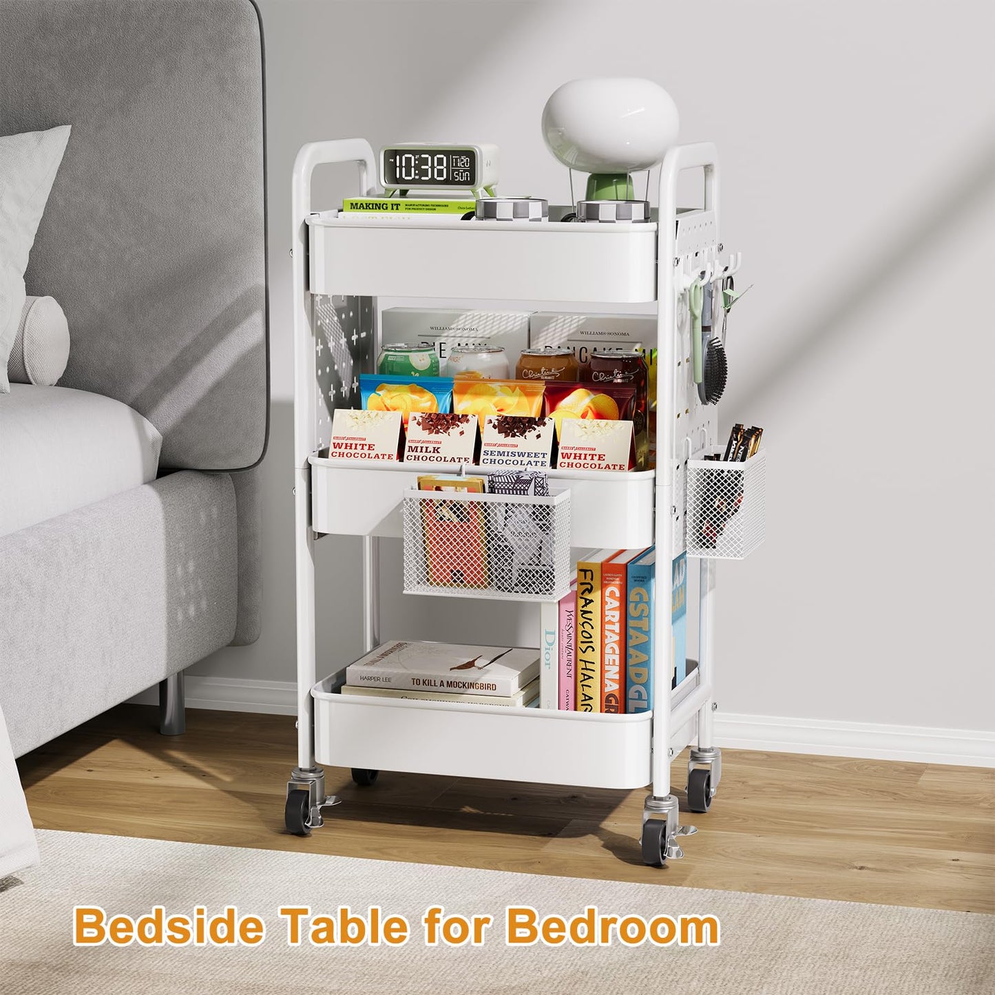 3 Tier Rolling Cart Metal with DIY Pegboard, White Utility Cart with Lockable Wheels, Three Tiered Craft Cart Organizer on Wheel, Utility Roller Storage Carts for Art, Baby Diaper Caddy, Snack, Book