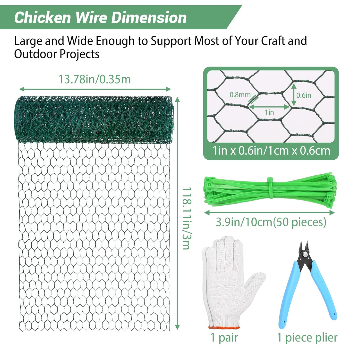 Chicken Wire for Floral Arrangements,13.78 x 118 Inch Lightweight Galvanised Hexagonal floral Chicken Wire Green Florist Wire for Garden Poultry Netting for Garden Protection with Wire Ties and Pliers
