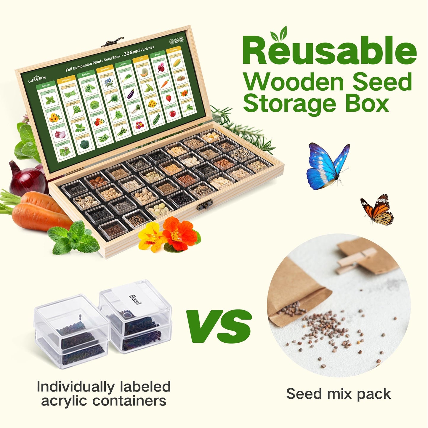 Lush&Dew Companion Plants Heirloom Seed Bank, Gardening Gifts for Women & Men, 32 Varieties 30,000+ Non-GMO Vegetable Seeds for Planting in Garden Bed Greenhouse, Survival Seed Kit for Food Supply
