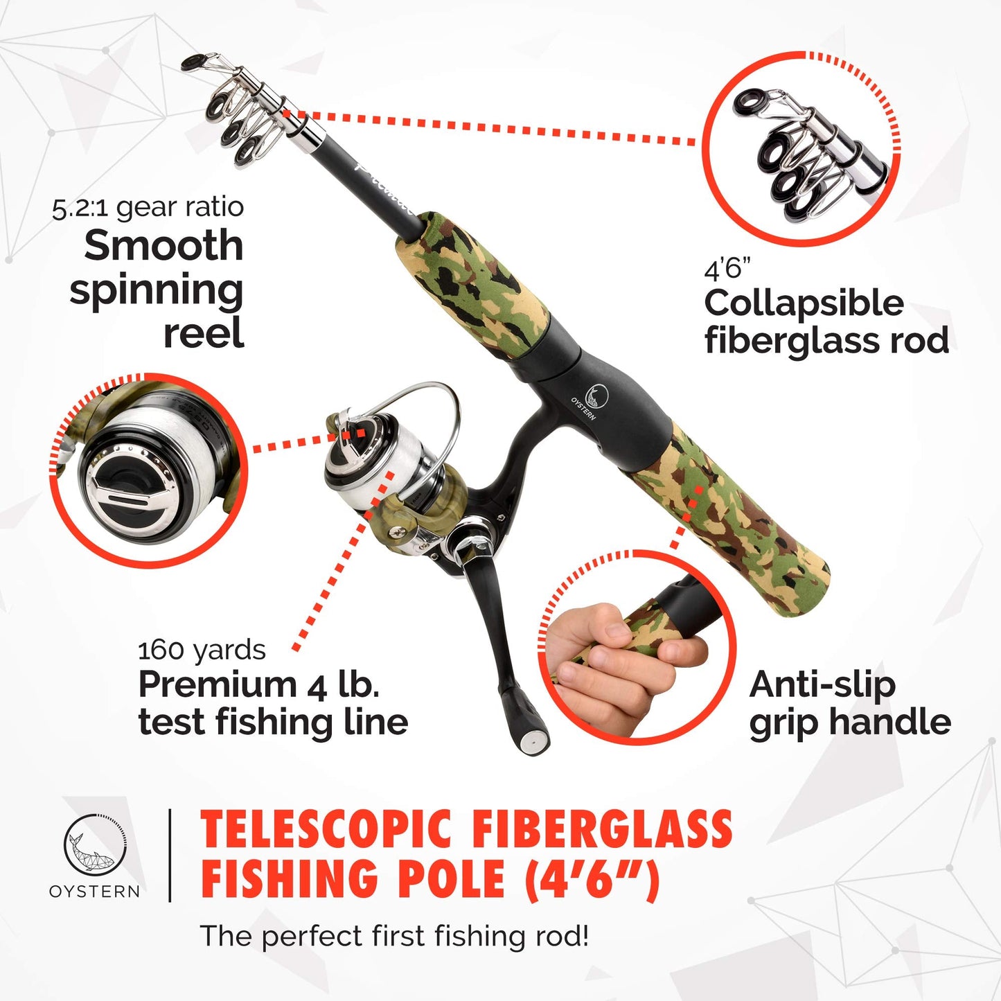 Oystern Kid’s Fishing Pole Kit with Spinning Reel - 62 Piece Tackle Bag, 4lb Line - Including Beginner’s Guide eBook - Toddler Fishing Pole Combo - Youth Telescopic Portable Rod - Kids Fishing Gear