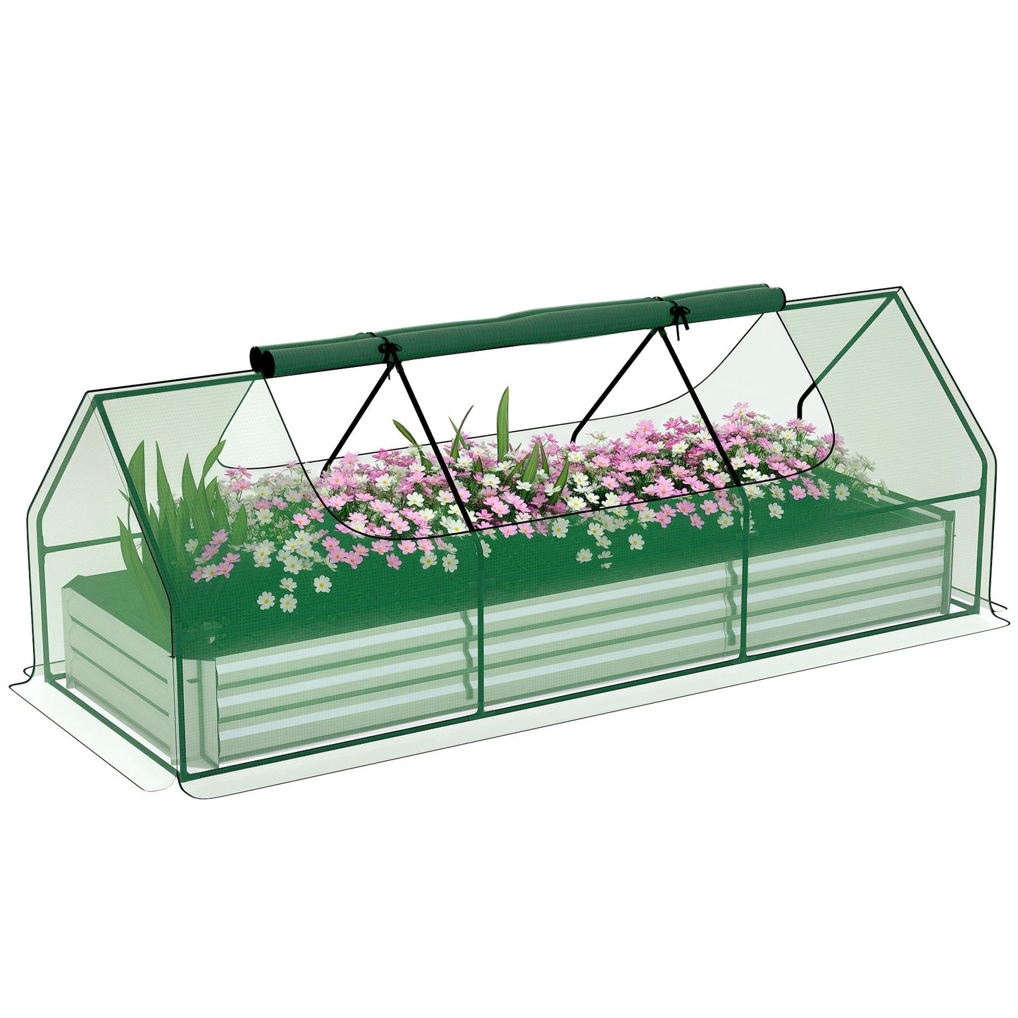 Outsunny 8.6 x 3 x 1ft Metal Planter Box with Mini Greenhouse, Galvanized Raised Garden Bed with Cover for Herbs and Vegetables, Small Greenhouse for Patio Garden Balcony, Green and Silver