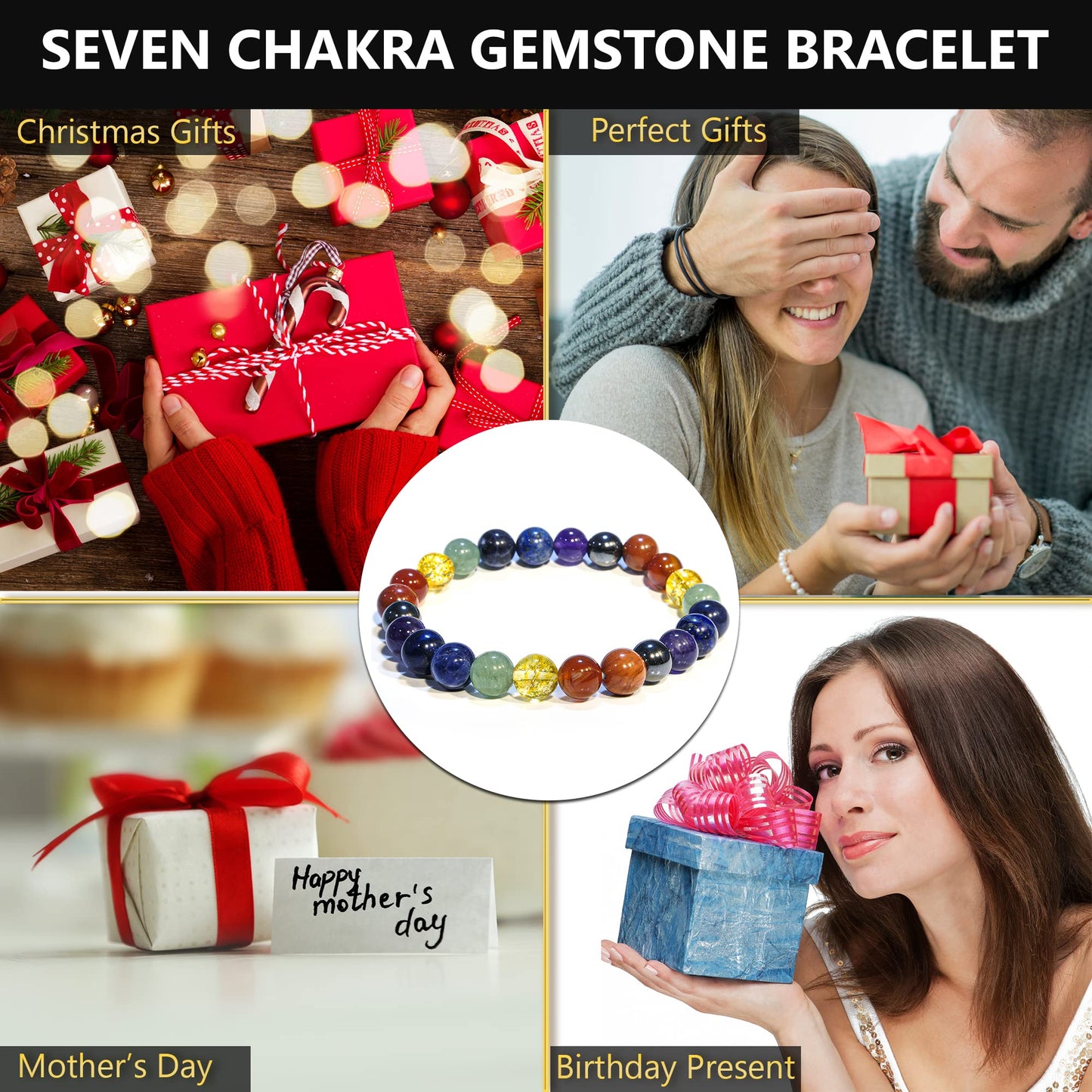 ANAYA AGATE 7 Chakra Bracelet, Natural Healing Crystal Bracelet for Women, Men, 8mm Round Beaded Bracelet for Spiritual Healing, Protection, Positive Energy, Elastic Adjustable Gemstone Bead Bracelet