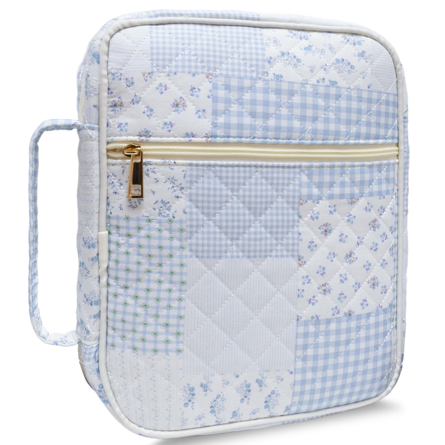 CasaRovela Bible Cover for Women, Large Quilted Case with Handle, Durable Bag and Carrying Case for Girls, Study Supplies Accessories, Christian Gift for Women (Blue Spliced Flower, Large)