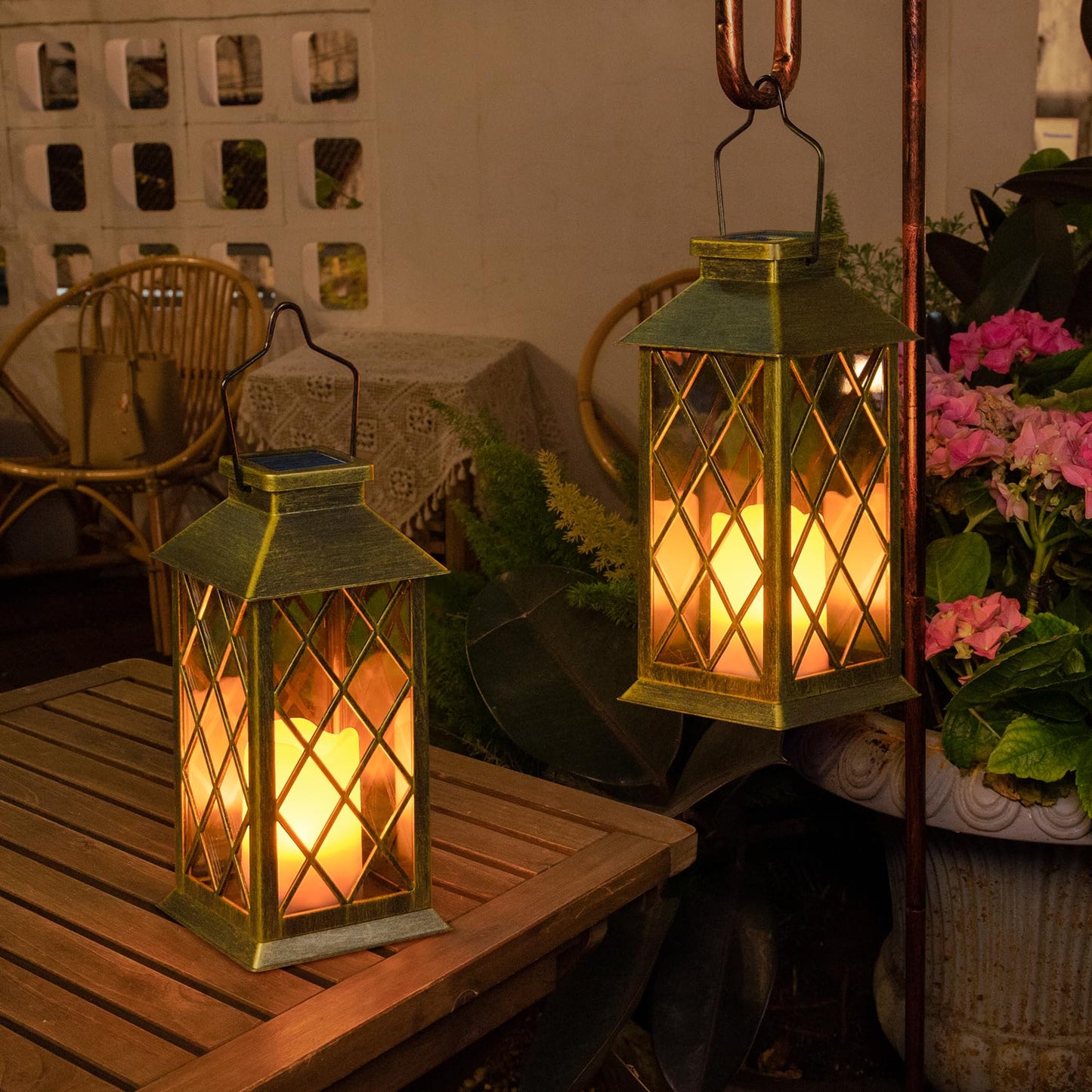 2Pack 10" Outdoor Solar Lanterns Waterproof Garden Patio Lantern Lights Flickering Candle Mission for Outside, Party, Yard, Lawn, Mothers Day Gifts Garden Gifts for Mom Women (Antique Green Bronze)