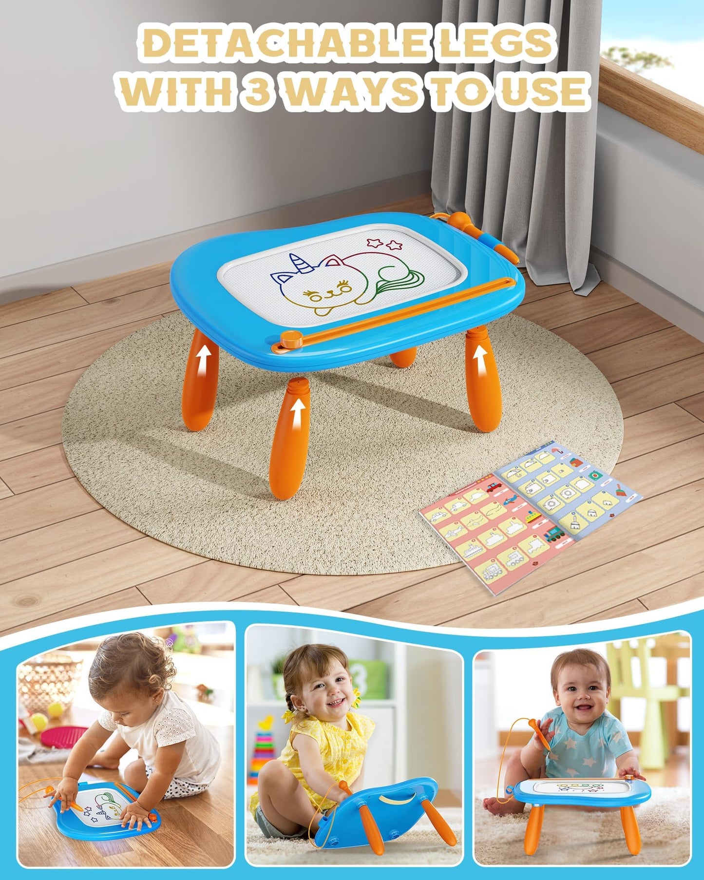 bravokids Magnetic Drawing Board for Kids with Sturdy Legs, Color Erasable Doodle Writing Pad for Toddler Boy Girls, Educational Preschool Learning Toys for 1 2 3 3 4 Years Old Birthday Gifts (Blue)