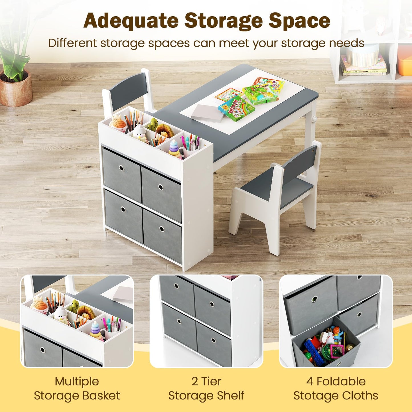 INFANS Kids Art Table and Chair Set, Toddler Craft Play Wood Activity Desk with Paper Roll 2 Chairs Storage Canvas Bins for Writing Drawing, Children Furniture for Daycare Nursery Boys Girls Ages 3+