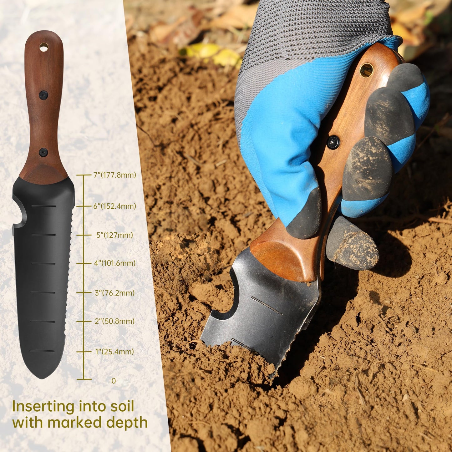 Troispot 12-Inch Garden Trowel with Full-Tang Wooden Handle & Black Stainless Steel Blade, Durable Tool for Digging, Weeding, Planting, Includes Knitted Storage Bag