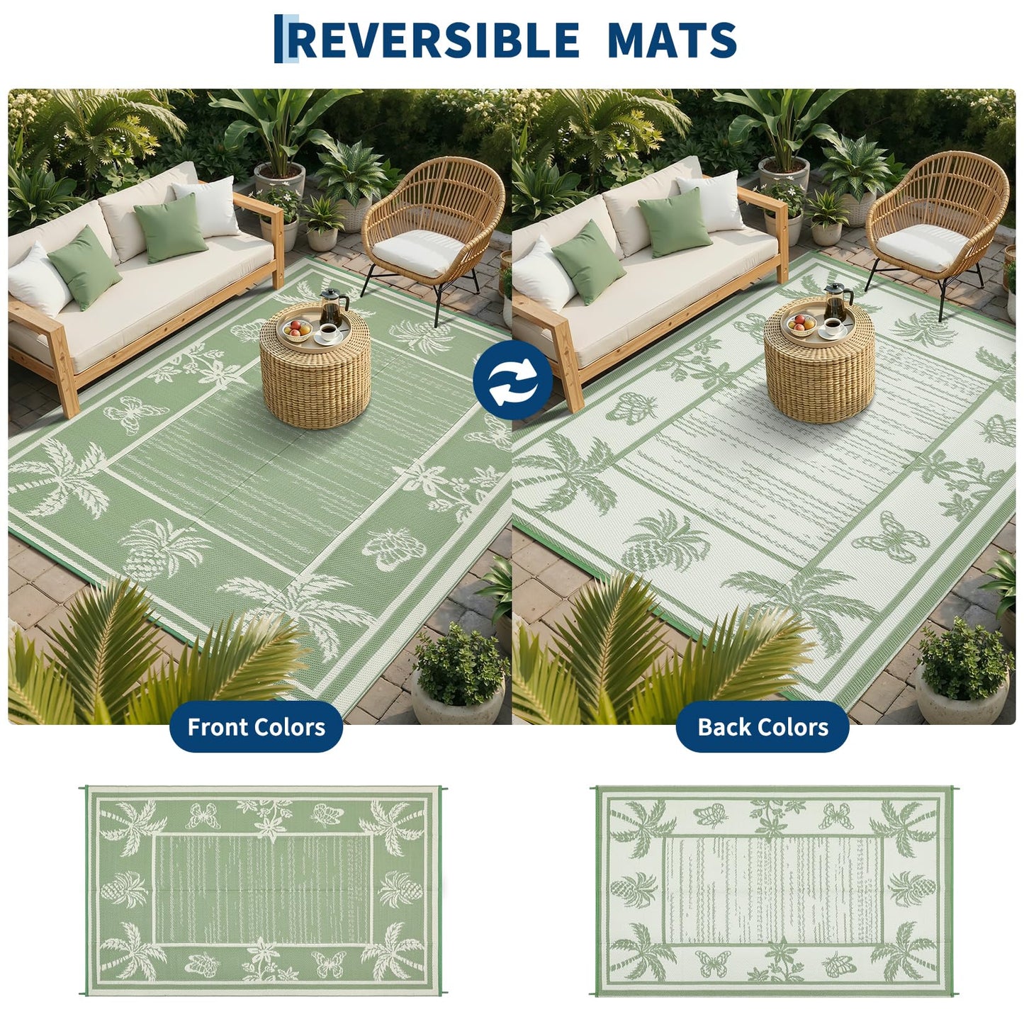 Garvee Outdoor Rug 5x8 Waterproof for Patios, Reversible Plastic Straw Rug, Tropical Leaf Indoor Outdoor Rugs, Large Area Rug for RV, Camping, Deck, Picnic Mat, Outside Carpet, Sage Green & Ivory