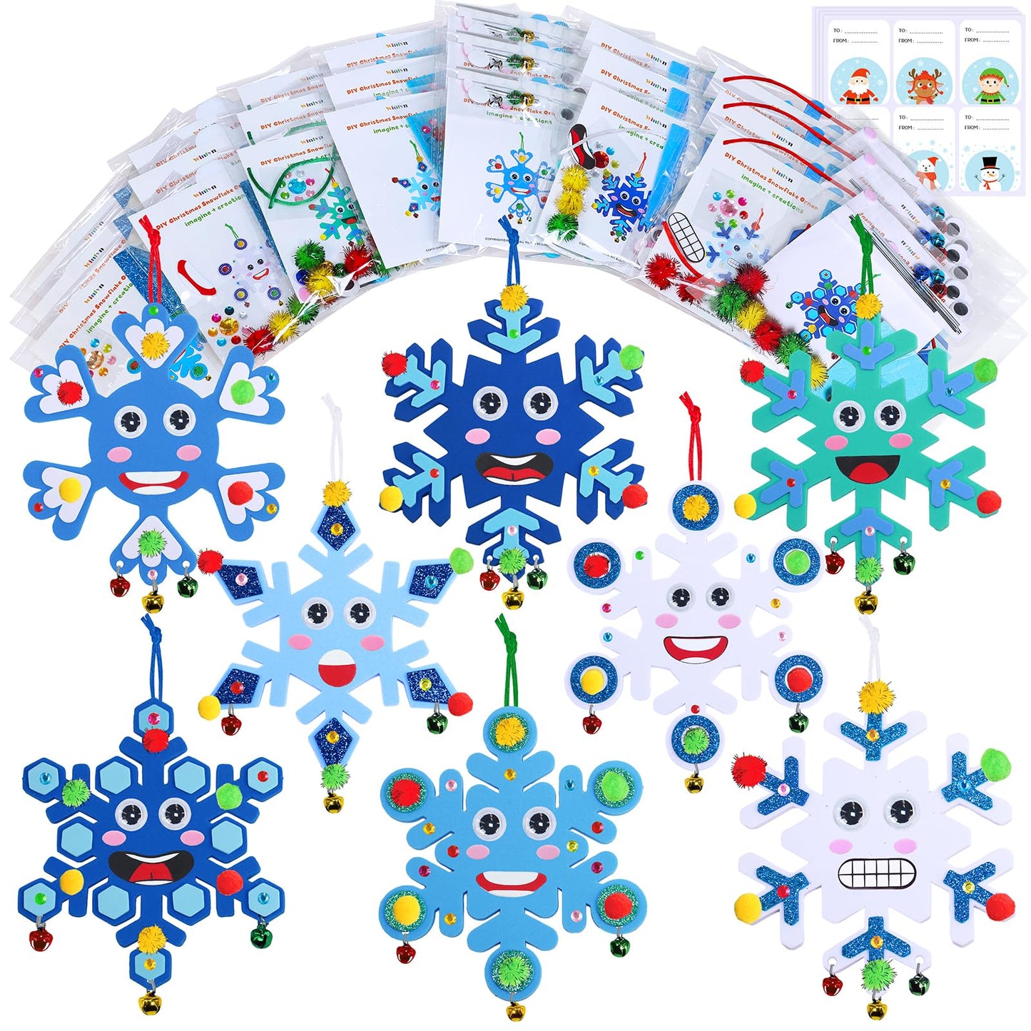 Winlyn 24 Sets Christmas Craft Kits Winter Crafts DIY Snowflake Ornaments Decorations Art Sets Foam Snowflakes Smile Stickers Jingel Bells for Kids Holiday Home Classroom Activities Party Favors