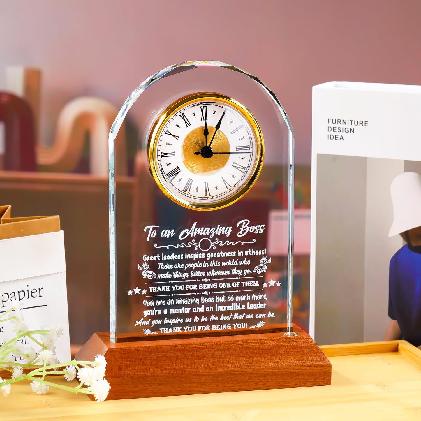 Arikyrist Boss Gifts for Women Going Away Clock for Female Bosses with Wooden Light Base Appreciation Retirement Presents for Men Lady Boss Boss's Day Gift Idea Office Decor