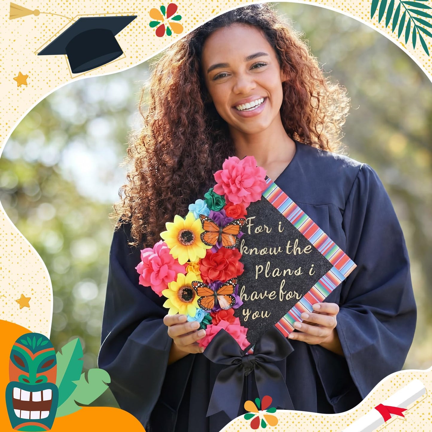 Gersoniel Colorful Graduation Cap Decorations Kit with Pre-assembled Faux Flowers Glitter Cardstock Stickers Butterfly Alphabet Decal (Mexican)