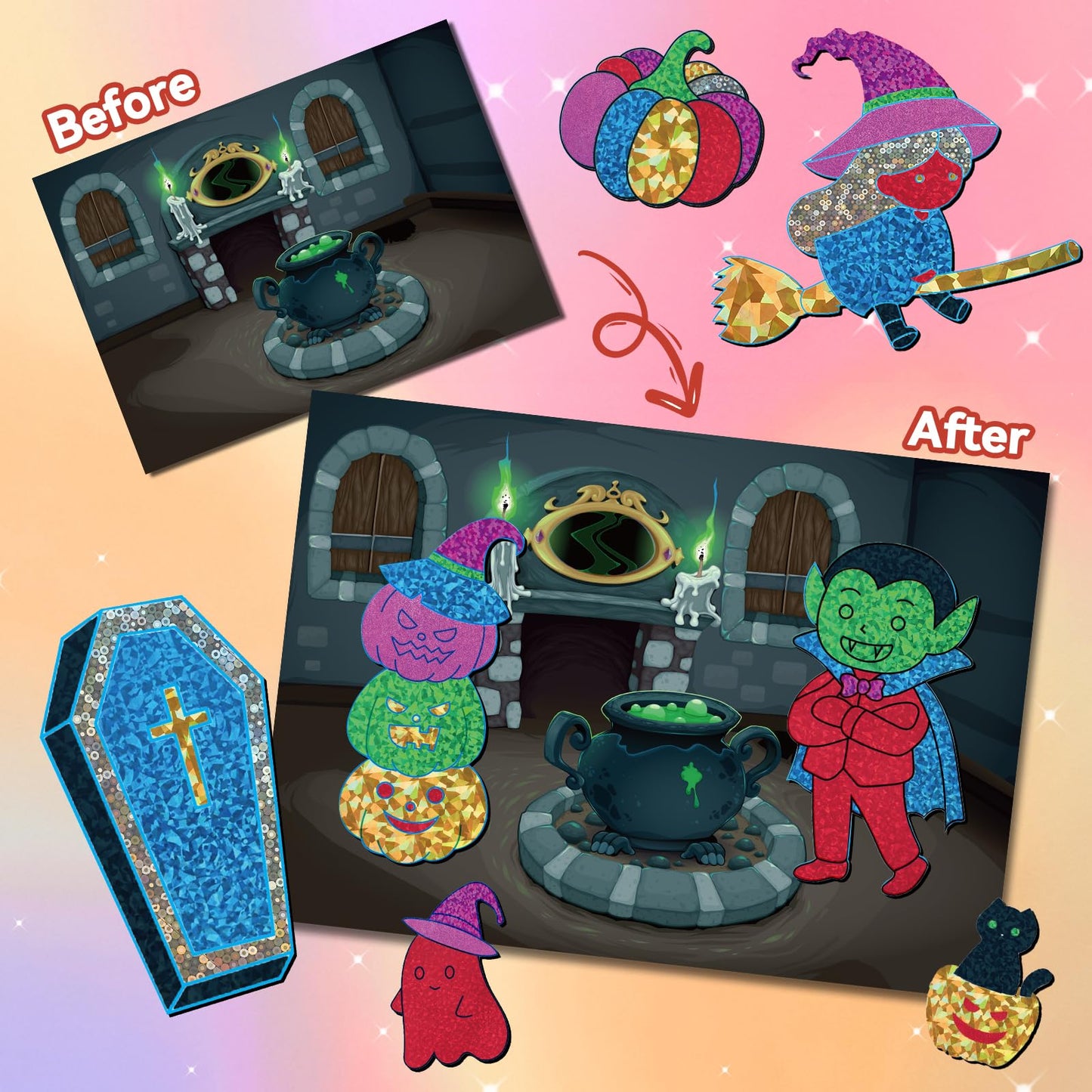 Halloween Crafts for Kids Foil Art No Mess Foil Craft Toy for Kids Ages 4 5 6 7 8 9 10, DIY Activity Kit with Spooky Ghosts, Pumpkins & Bats,Halloween Party Favors Toys & Games for Boys and Girls
