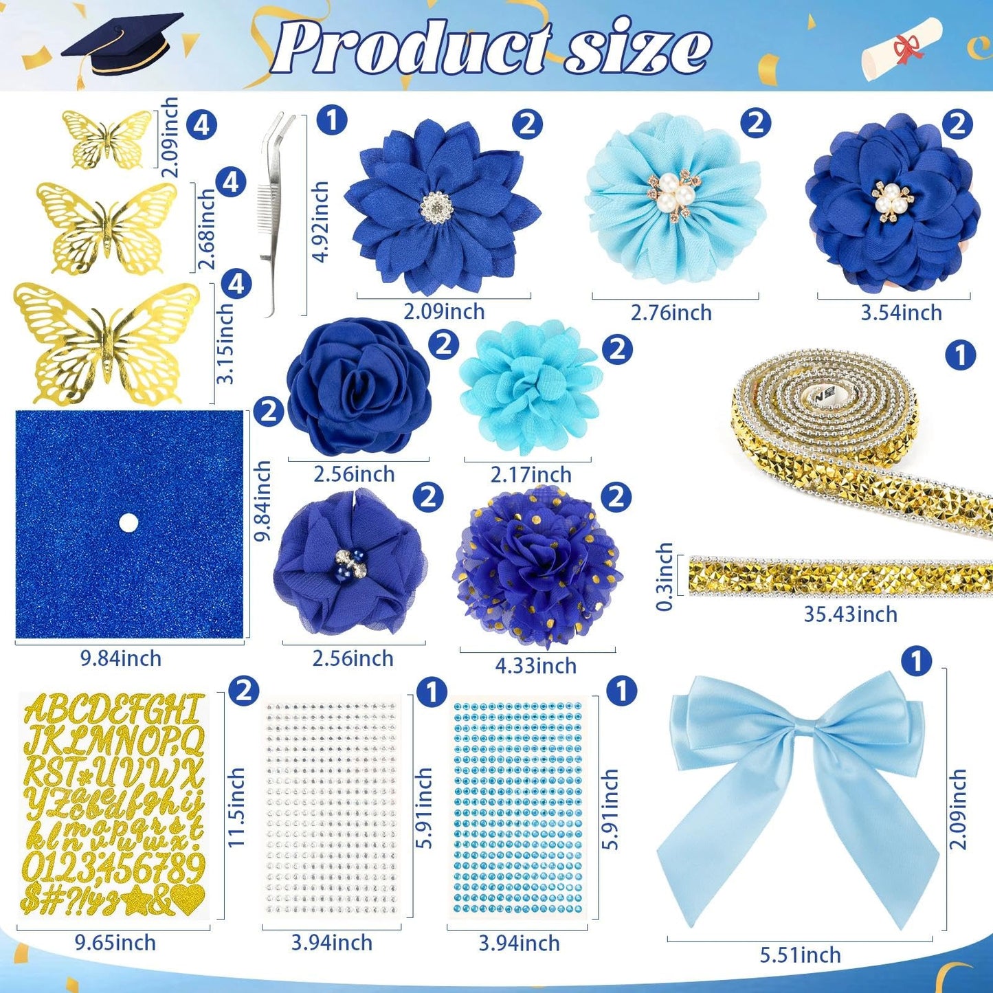 Graduation Cap Decorations Kit 2026 DIY Cap Decorations 36PCS Included Fake Flowers Heads Bow 3D Butterfly Self Adhesive Rhinestones Stickers Alphabet Letter Stickers for Grad Party Decor, Blue