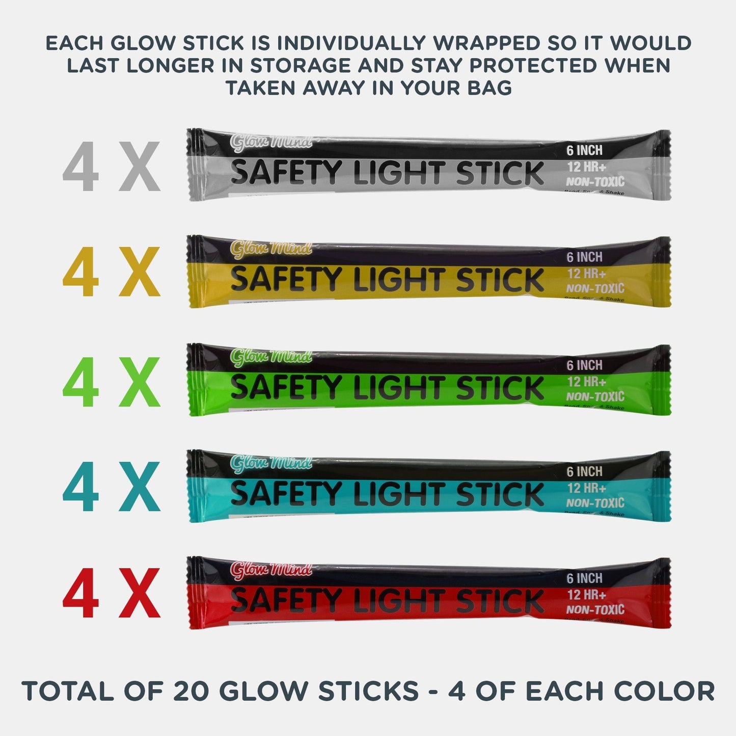 Glow Mind 20 Ultra Bright Glow Sticks - Emergency Light Sticks for Camping Accessories, Parties, Hurricane Supplies, Earthquake, Survival Kit and More - Lasts Over 12 Hours (Multi Color)